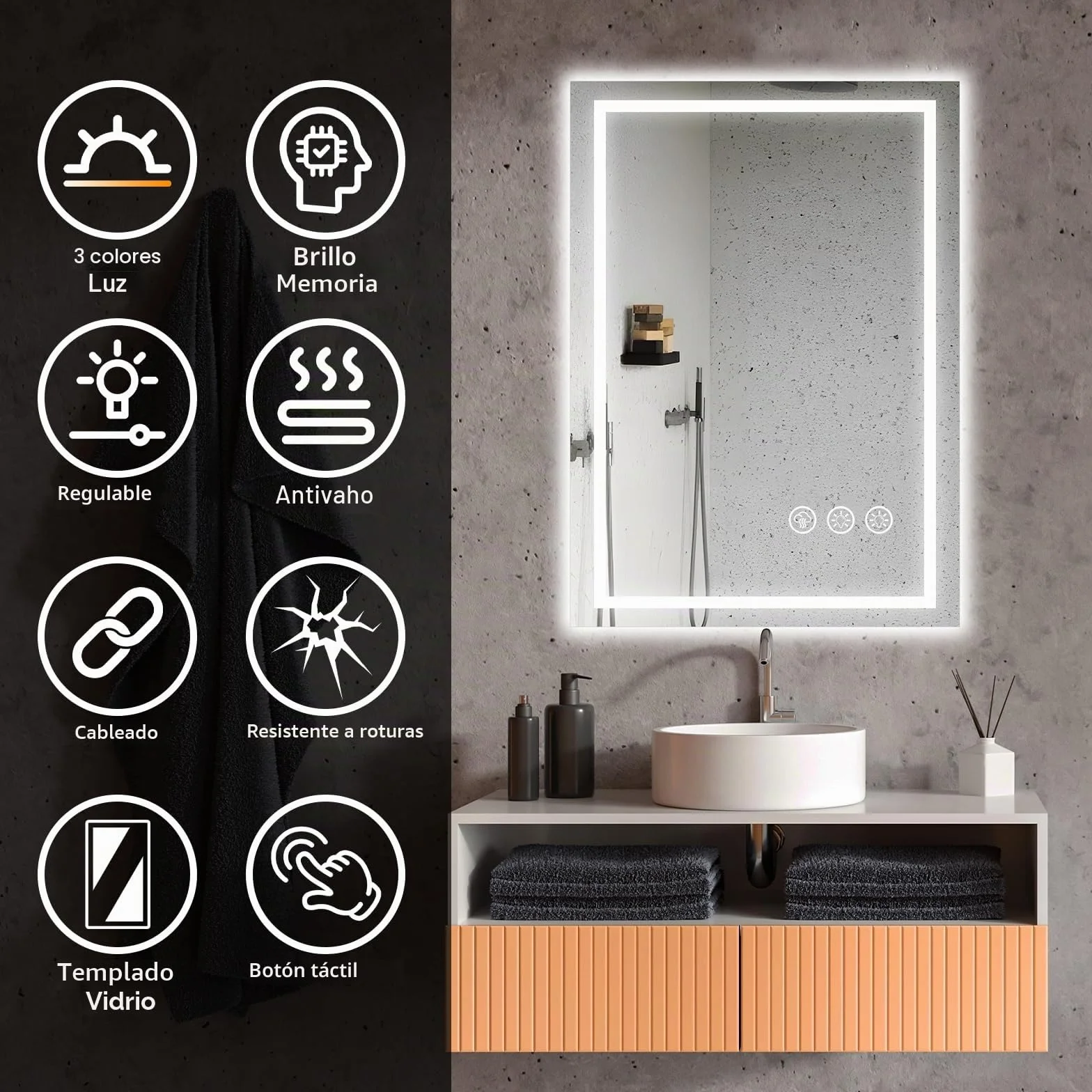Espejo Baño con Luz 50x70cm LED Antivaho Regulable 3 Colores Luz Función Memoria