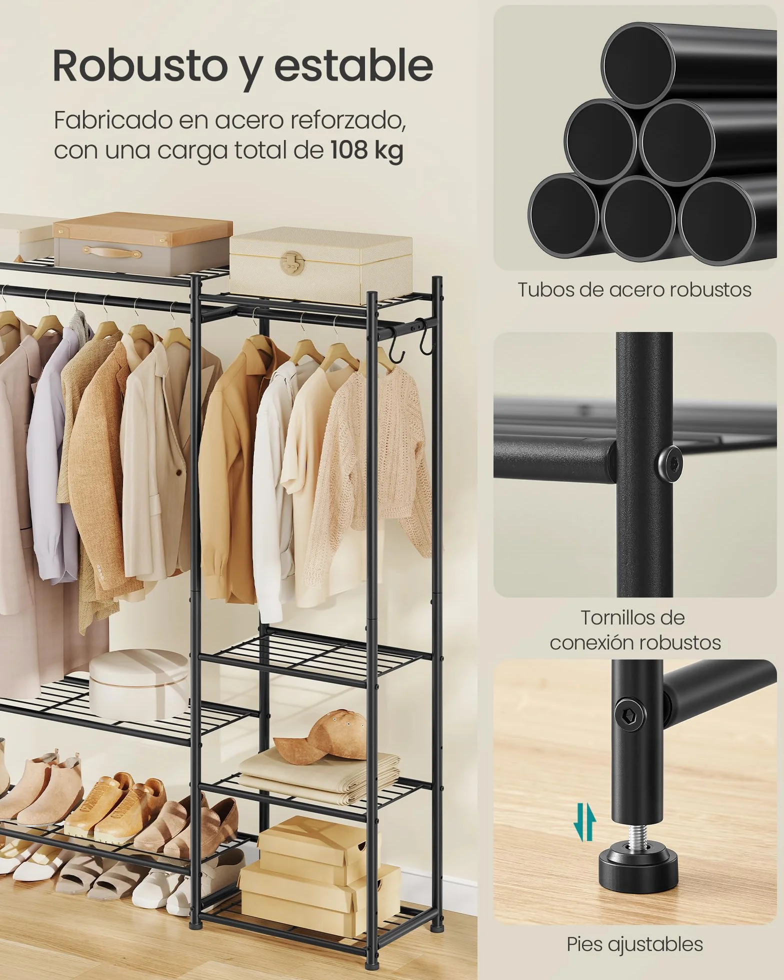 SONGMICS Armario Abierto con 7 Estantes, 2 Barras para Perchas y 4 Ganchos, Metal, Negro LGR010BZ01