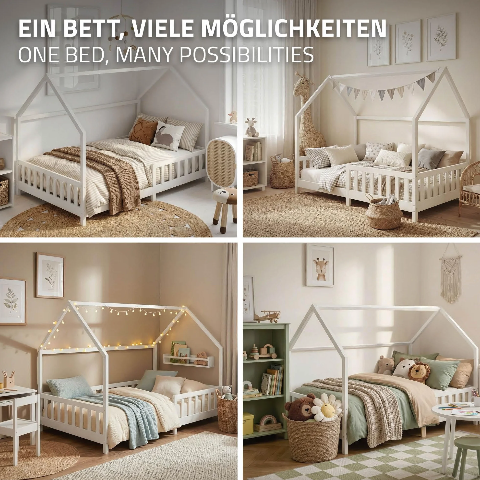 ML-Design Cama Infantil 140x200cm Blanco, con Protección Anticaída, Techo y Somier, Estructura Listones de Madera de Maciza de Pino Lecho Doble Montessori Forma de Casa Mobiliario Juvenil, para Niños