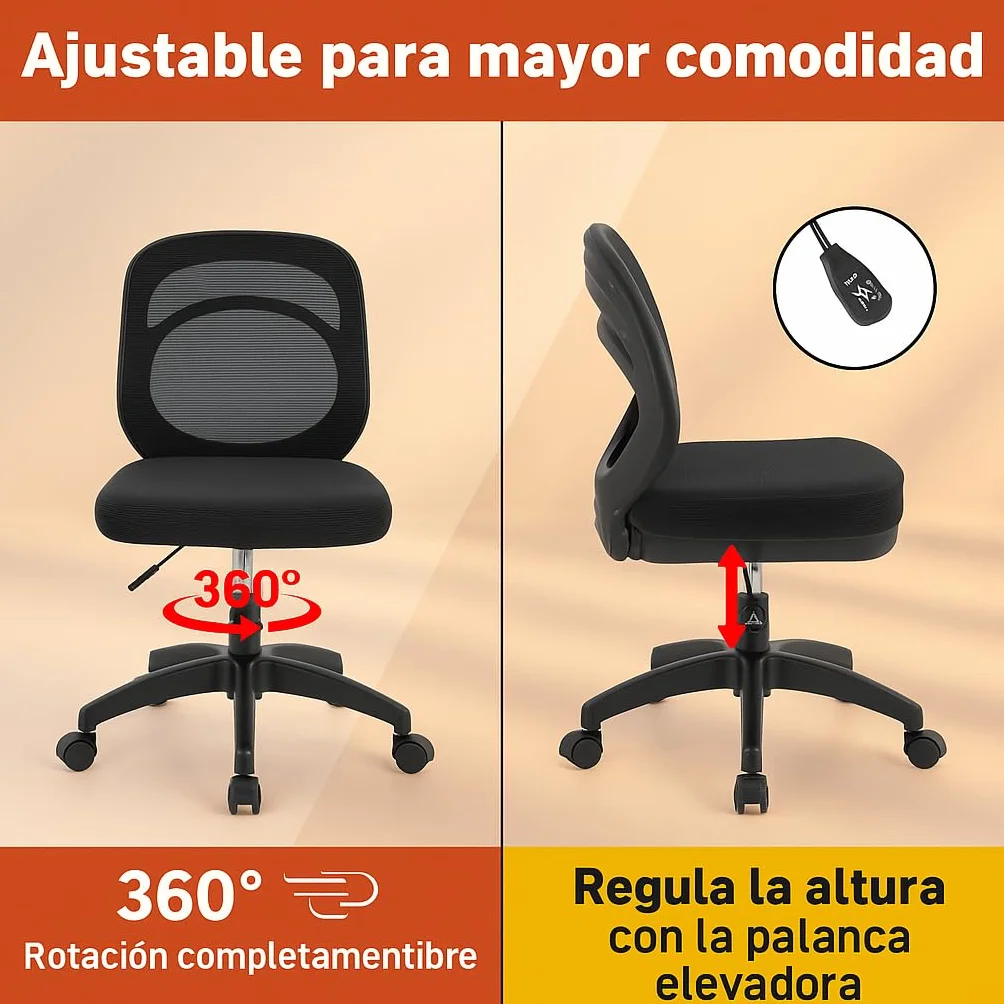 Silla de Oficina Ergonómica Sin Reposabrazos con Soporte Lumbar, Tela Transpirable, Ruedas, Giratoria, Asiento Espuma Alta Densidad