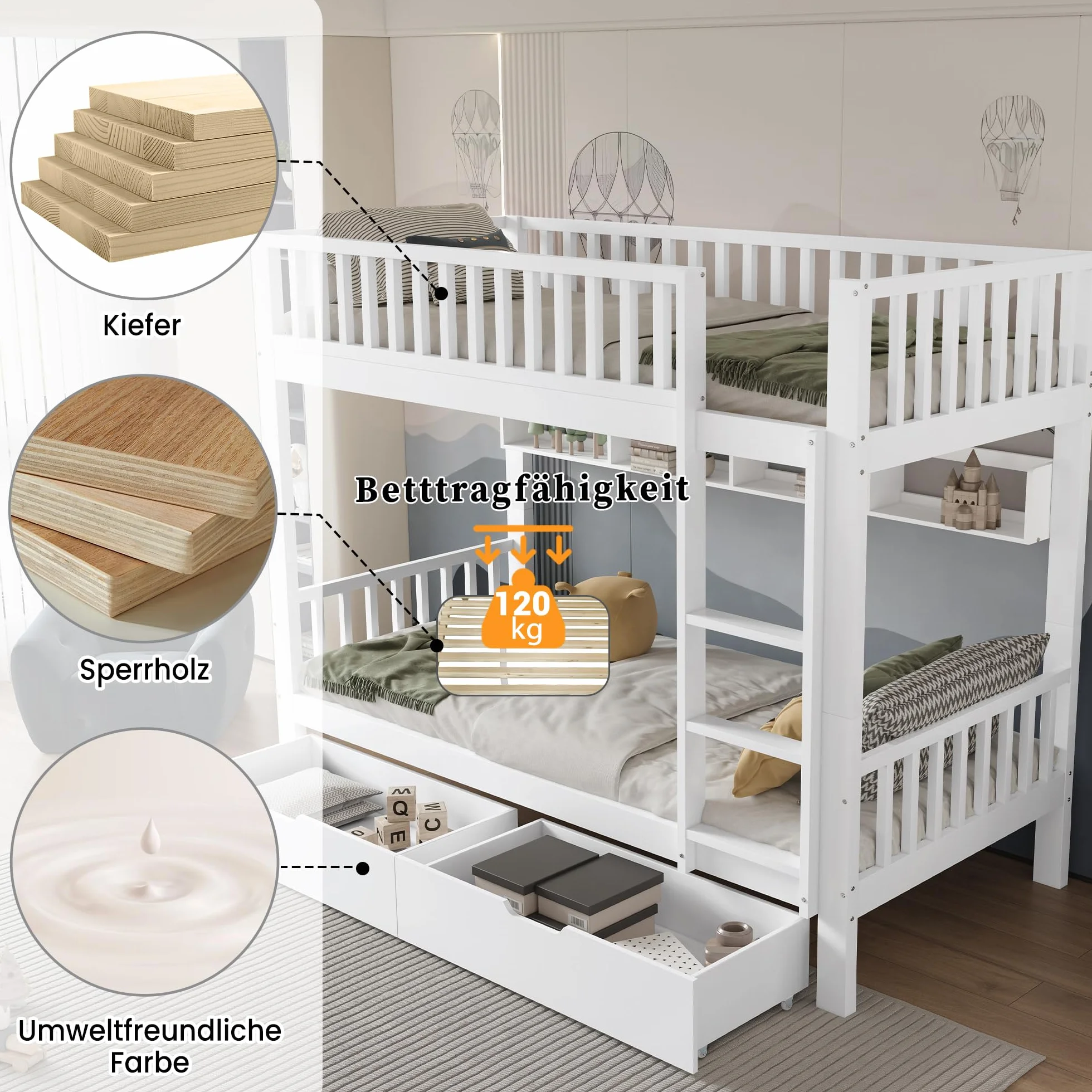 Cama Infantil, Litera para niños 90x200, Litera Matrimonio con 2 cajones y Escalera, Se Convierte en Dos Camas Individuales, Cama altillo con protección anticaída y somier, Blanco, Sin colchón