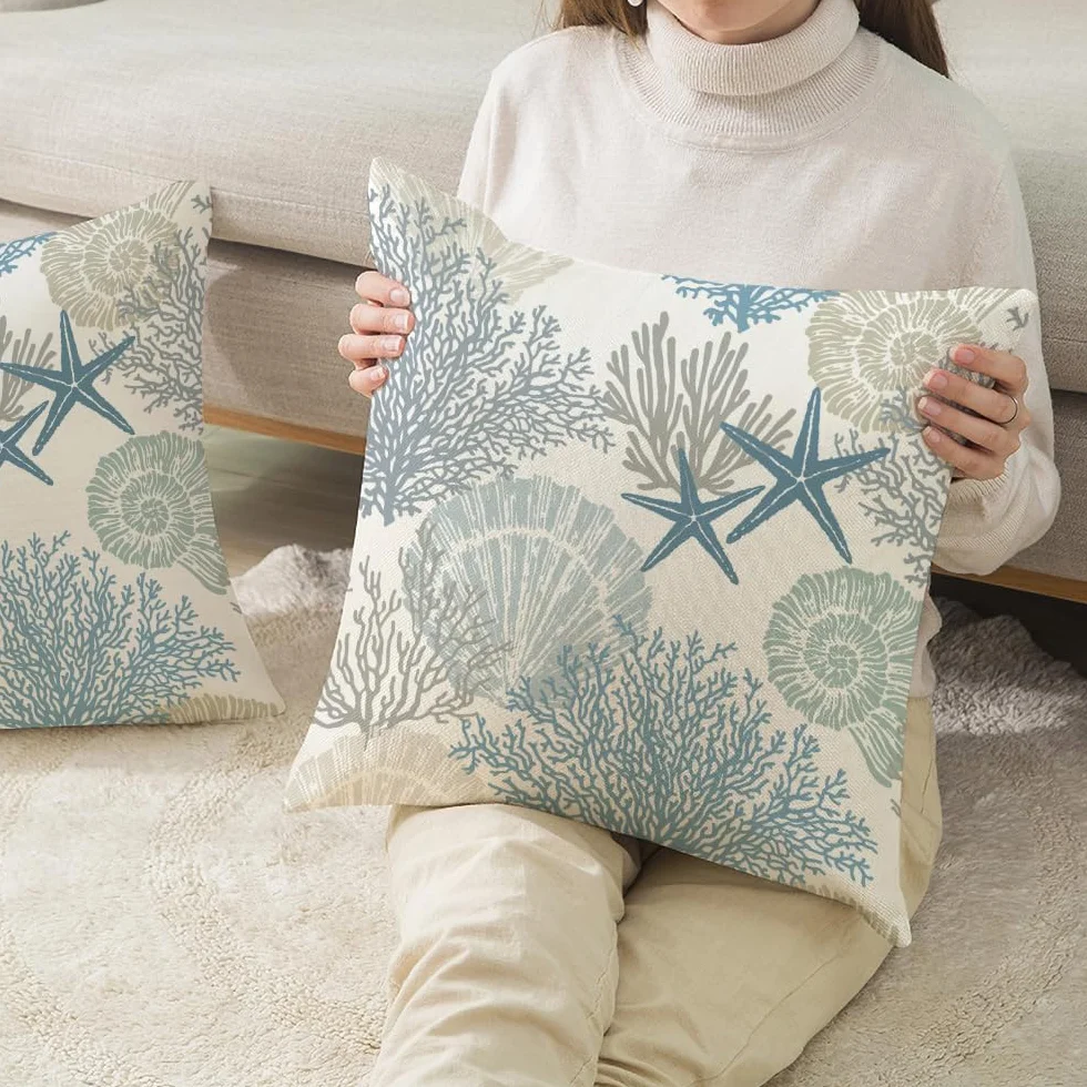 Fundas de Cojines Impermeables 50x50 Azul Océano Estrella de Mar Juego de 2 para Hogar Salón Dormitorio