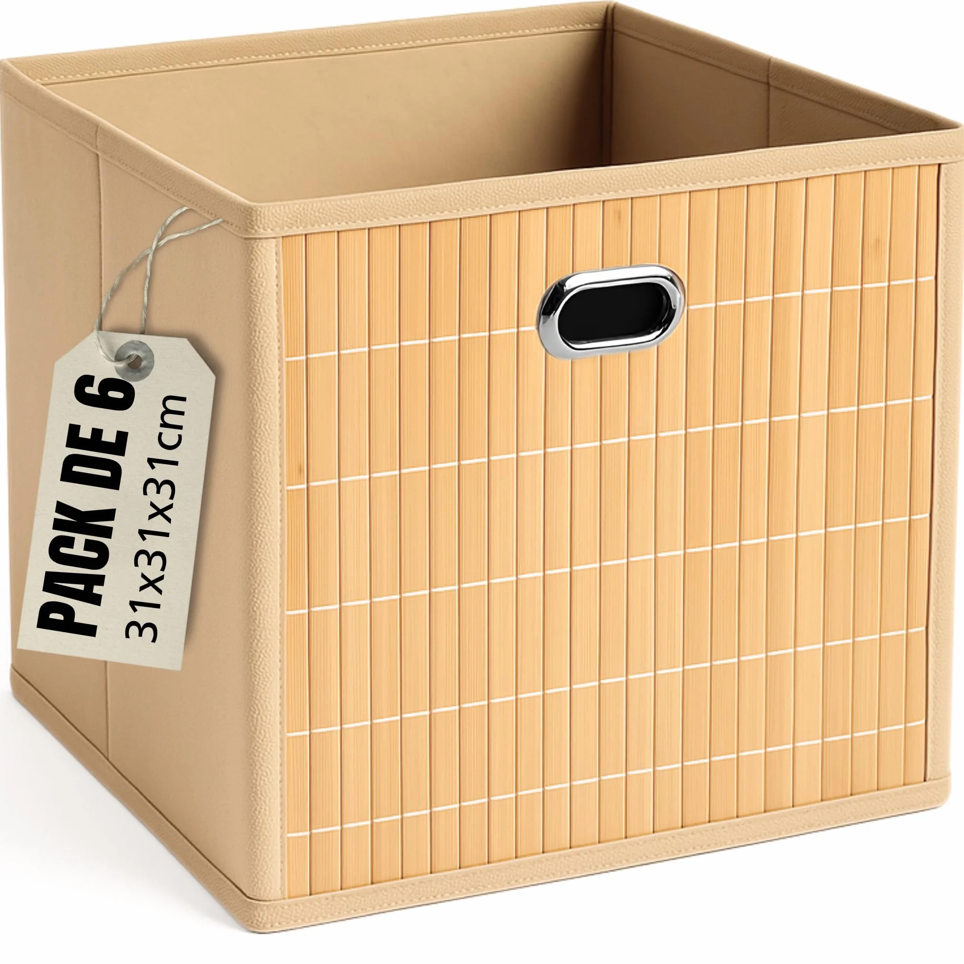 6 Cajas Almacenaje - Cestas Almacenaje - Cajas Organizadoras 31x31x31cm - Cajas Almacenaje Decorativas Hechas En Bamboo Y Tela - Cestas Organizadoras - (BEIGE, 31x31x31 cm)