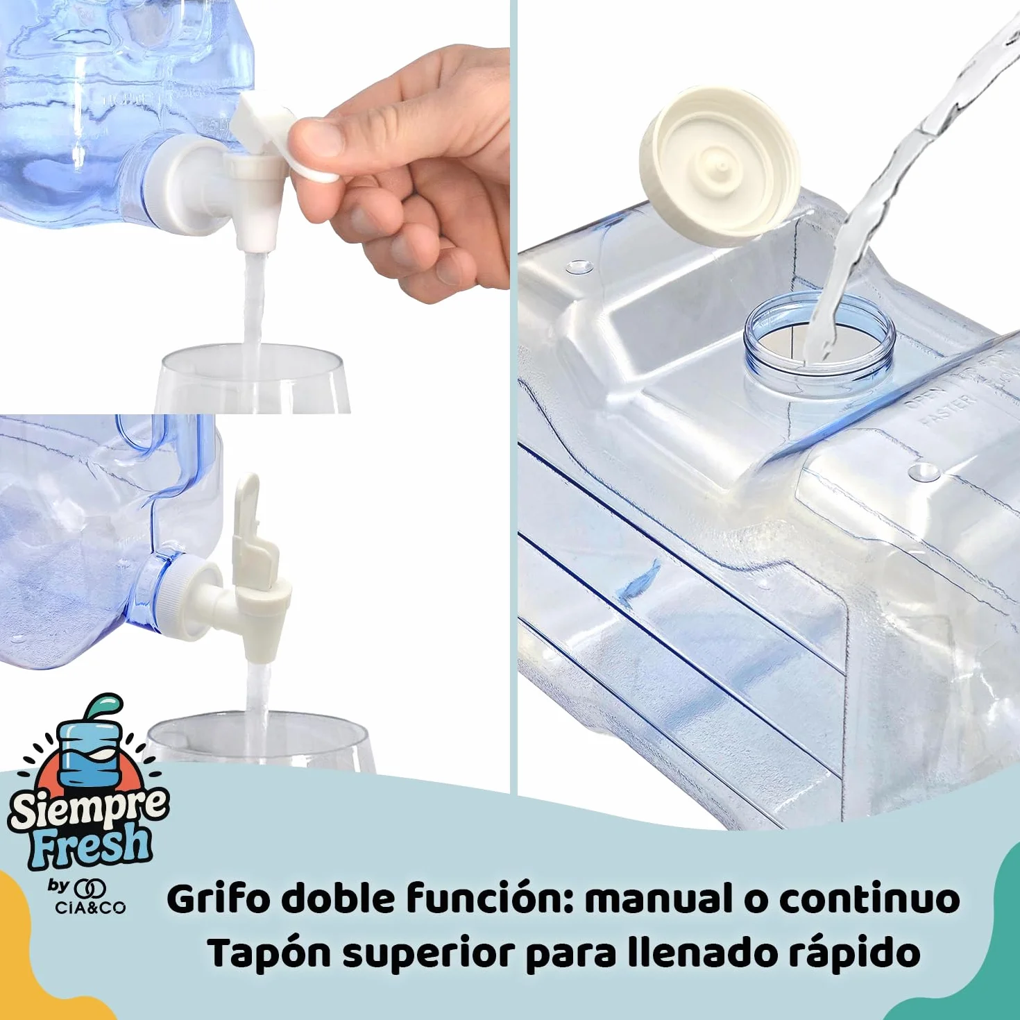 Dispensador de Agua Fría para Nevera 4,2 L by Cia&Co | Garrafa compacta 39x21x7,5 con Asa Ergonómica, Grifo de Doble Función y Tapón - Reutilizable y Duradera, Bebidas Frías en Casa, Playa, Camping
