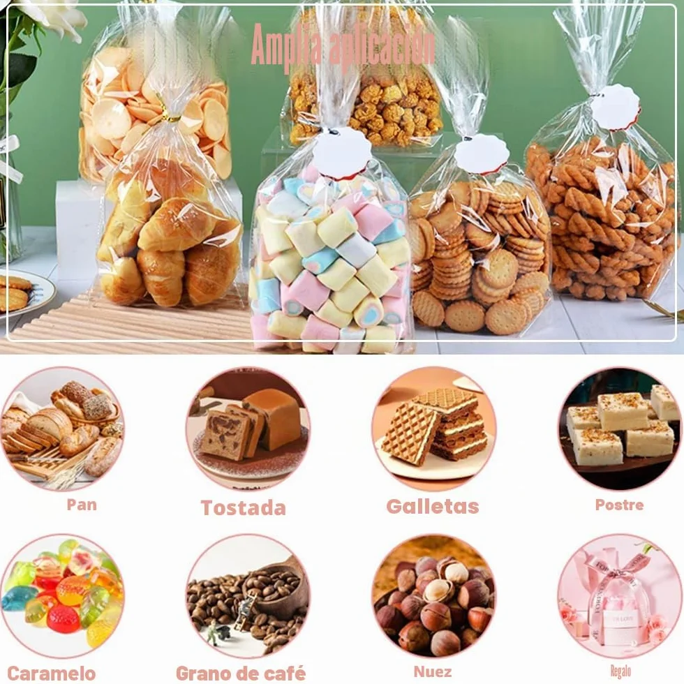 100 Piezas Bolsas de Celofán -15 x 25 cm Bolsas de Regalo Transparentes Bolsas de Caramelo con 100 Cintas Metálicas para Caramelos Galletas Pan Chocolates