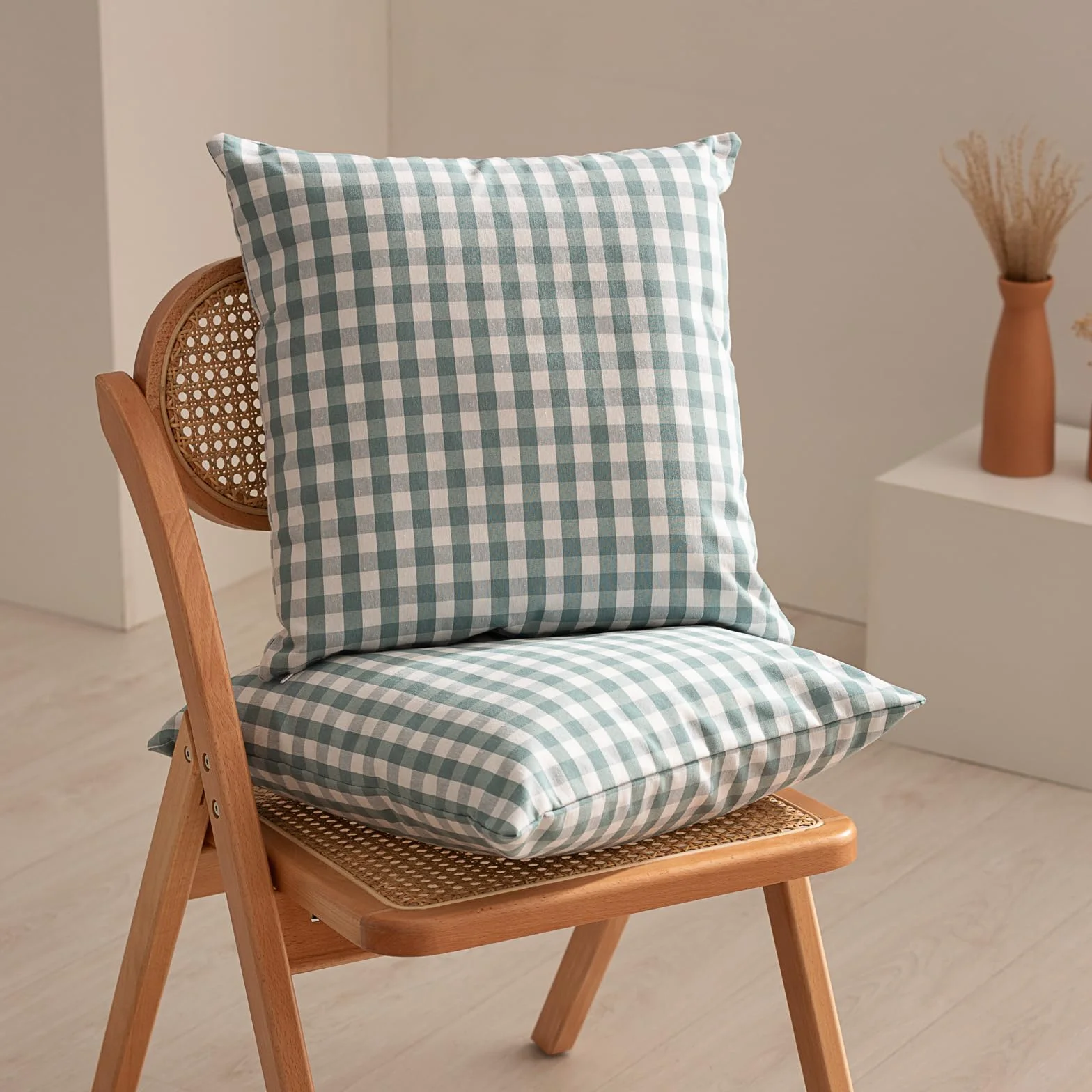 Funda Cojín Vichy a Cuadros 45x45 Algodón Cremallera Transpirable Suave Color Agua