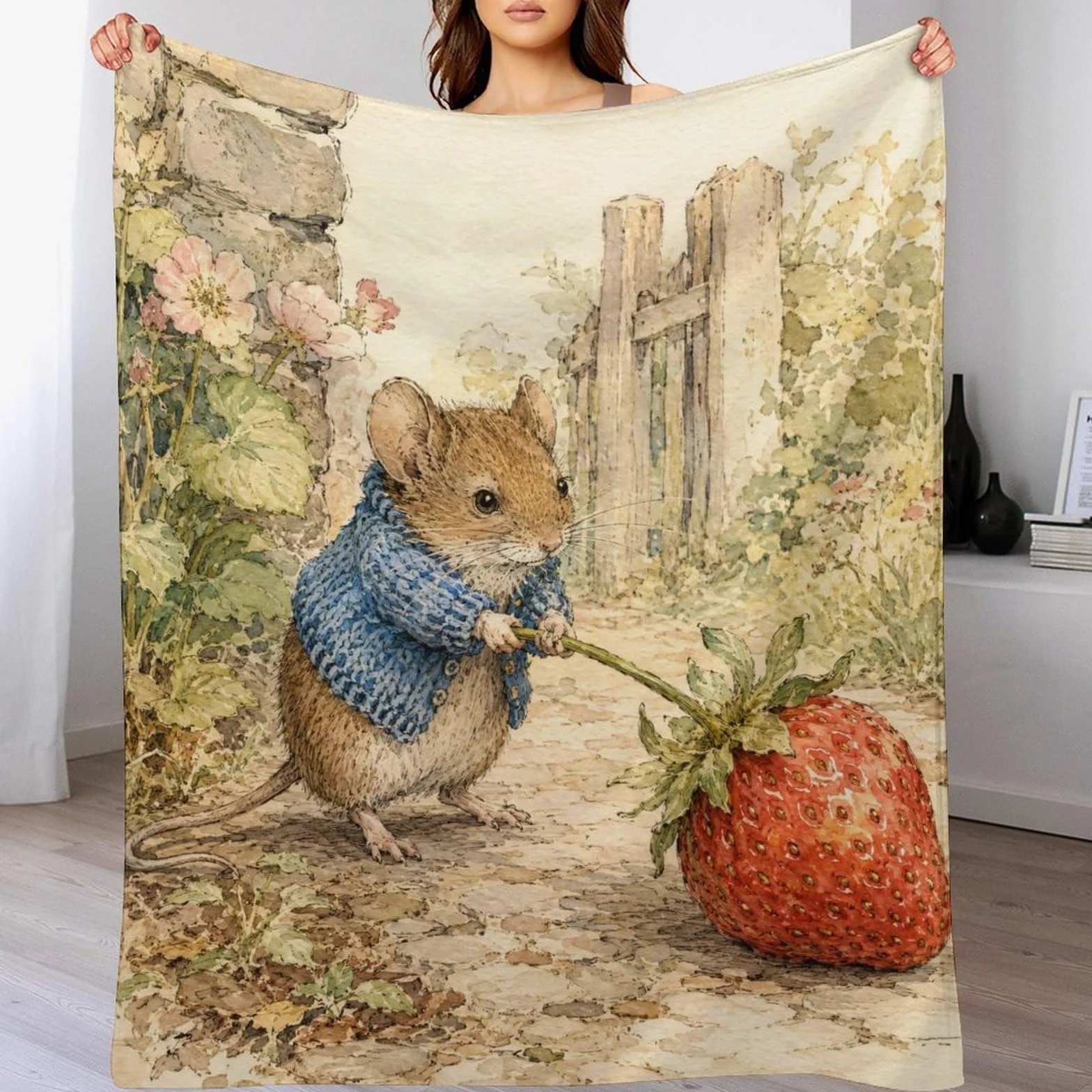 Ratón con Fresa Manta Libro de cuentos de animales Franela Suave Sofa Cama | manta polar sofa con Jardín de cuentos y Linda ilustración infantil, para rincon lectura, salon, 175x200cm(70x80in)