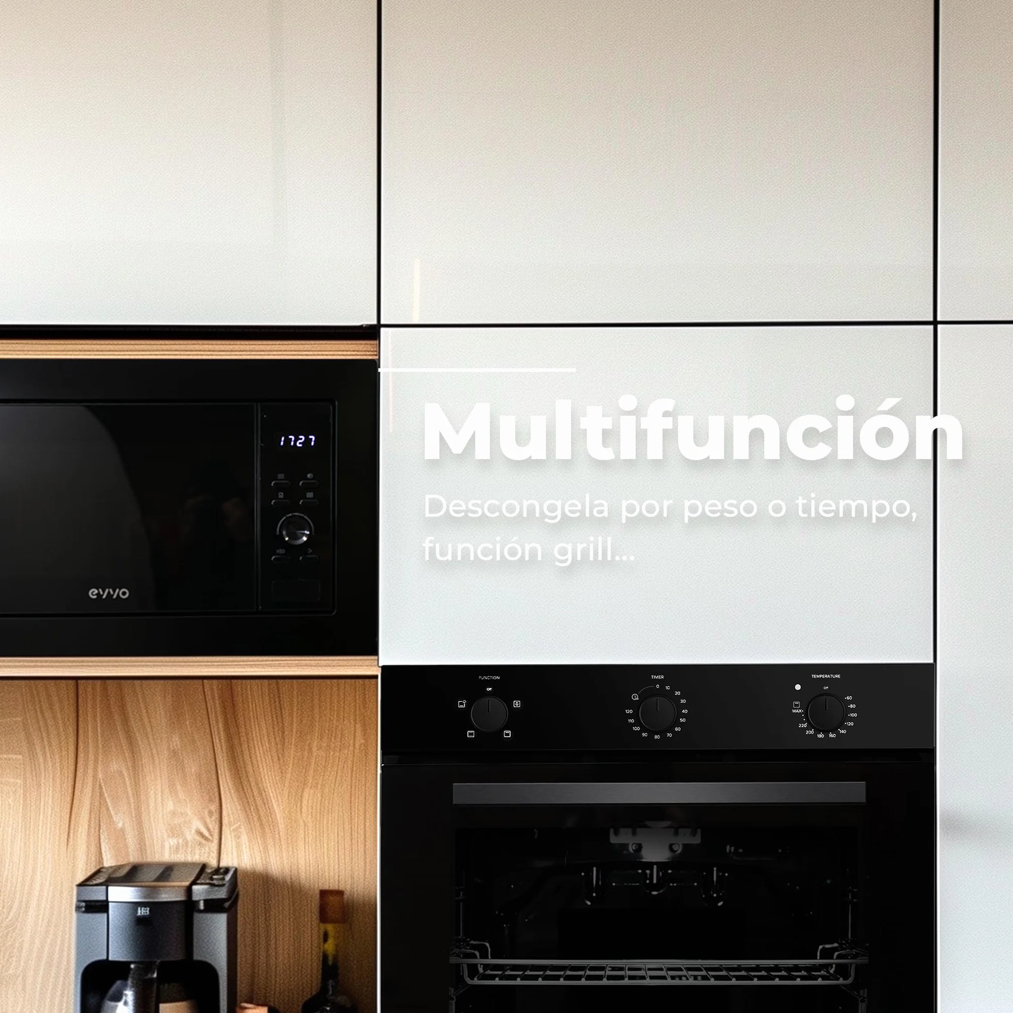 EVVO Microondas Integrable Mi30 Black - 21 Litros, Horno Microondas Función Grill, Display Digital, Bloqueo Infantil y Temporizador de 60 Minutos, Negro