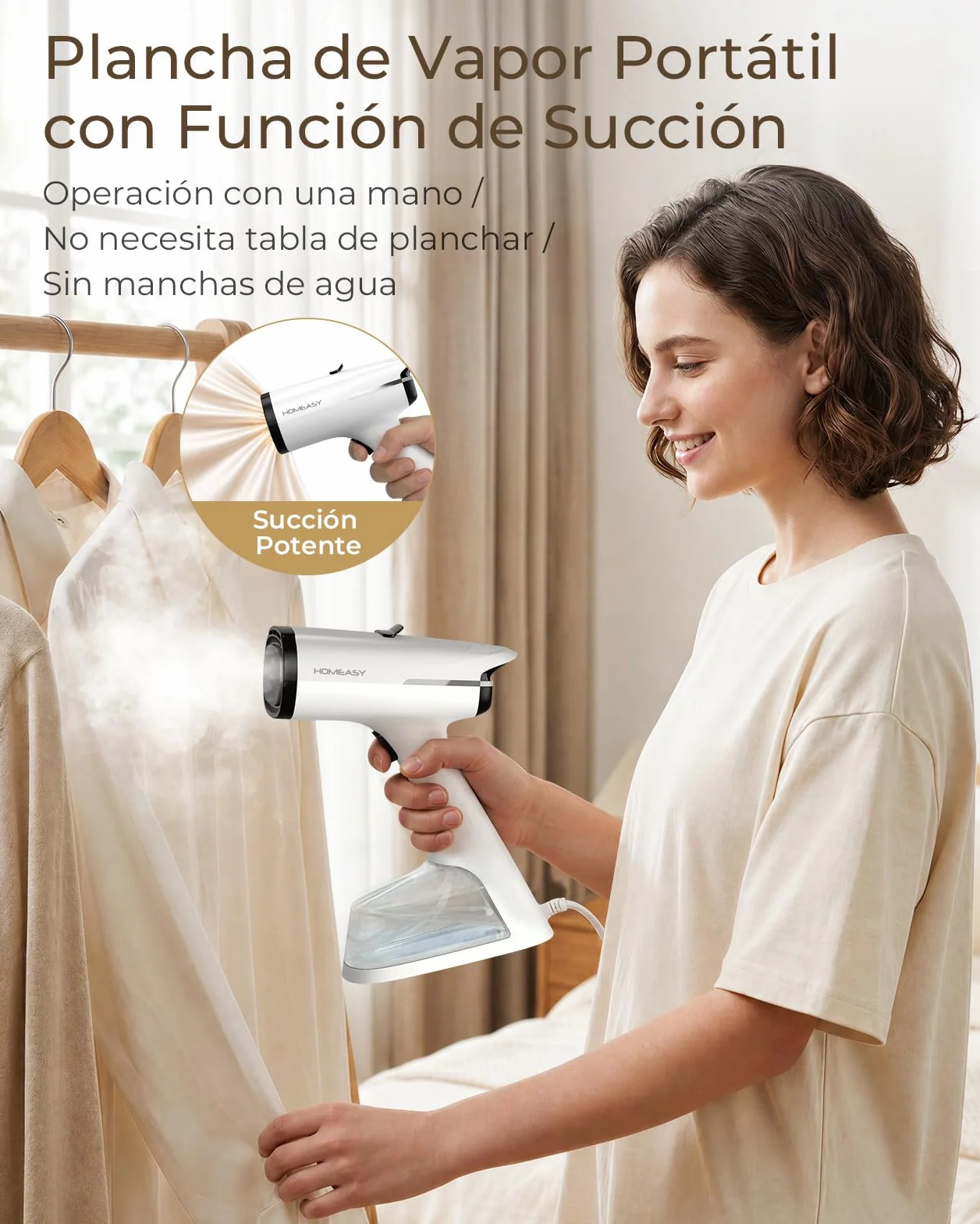 HOMEASY Plancha de Vapor Portátil con Succión 6000Pa, Calentamiento en 25 Segundos, Depósito de 270ml, 2 Niveles de Vapor, Planchado Vertical para Ropa, Camisas, Vestidos y Cortinas