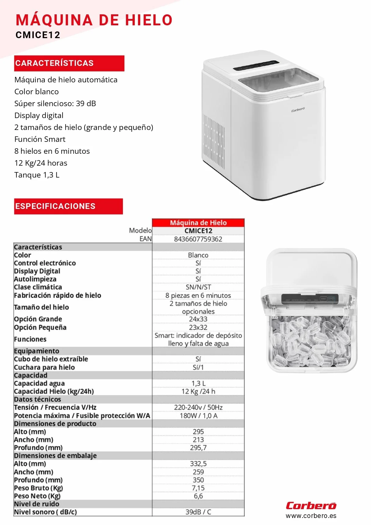 Corberó Máquina de Hielo Automática CMICE12 12 Kg/24h 1,3L Blanco