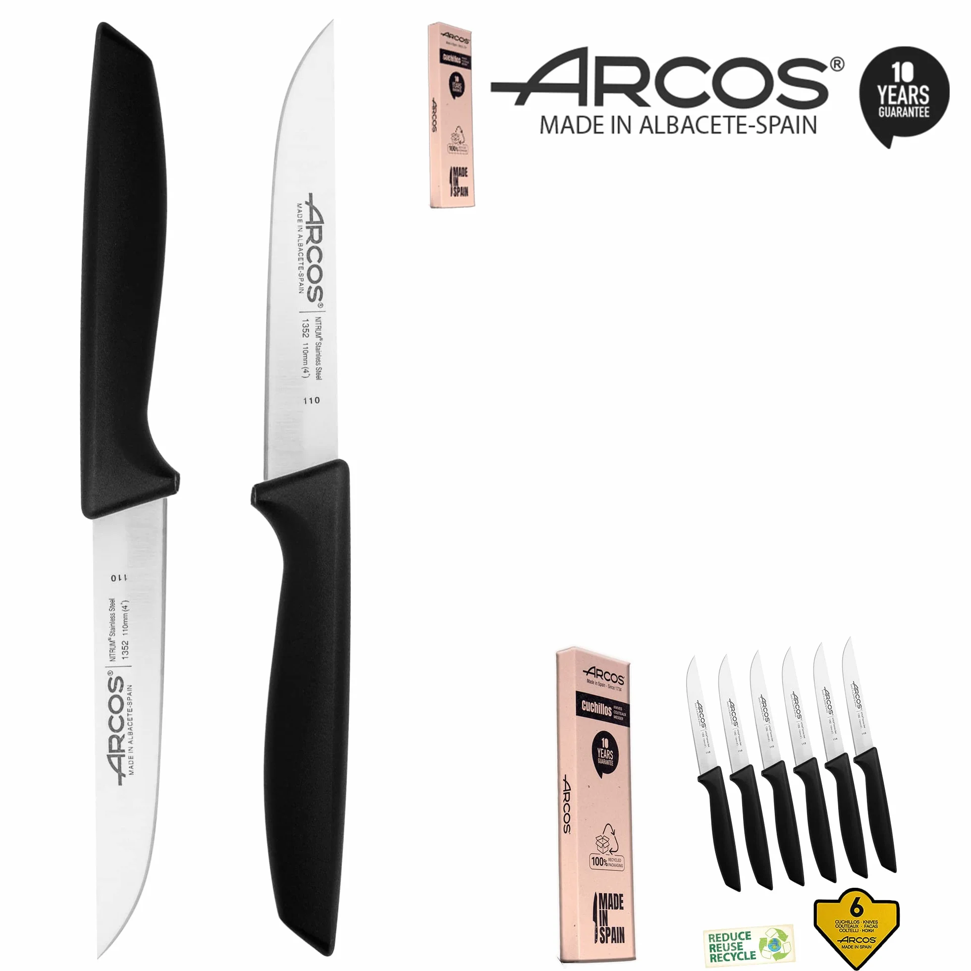Arcos Series Niza - Juego de Cuchillos Cocina, 6 Piezas, Cuchillos Verduras 110 mm, + Cuchillo Mesa, Envase 100% Ecológico, Acero Inoxidable NITRUM