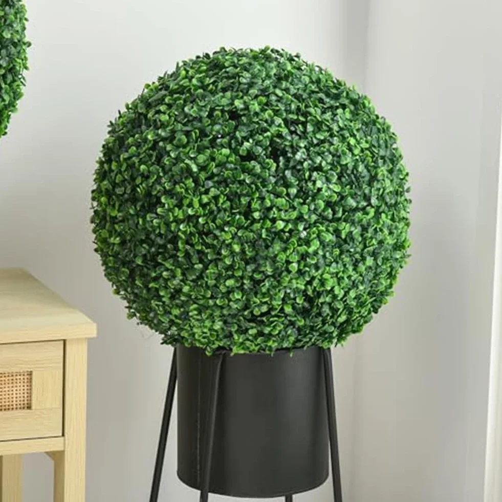 Lecreatekit Paquete de 2 bolas artificiales de boj de 28 cm, plantas topiarias artificiales para decoración colgante, esferas de plástico resistentes a la intemperie para decoración de jardín interior