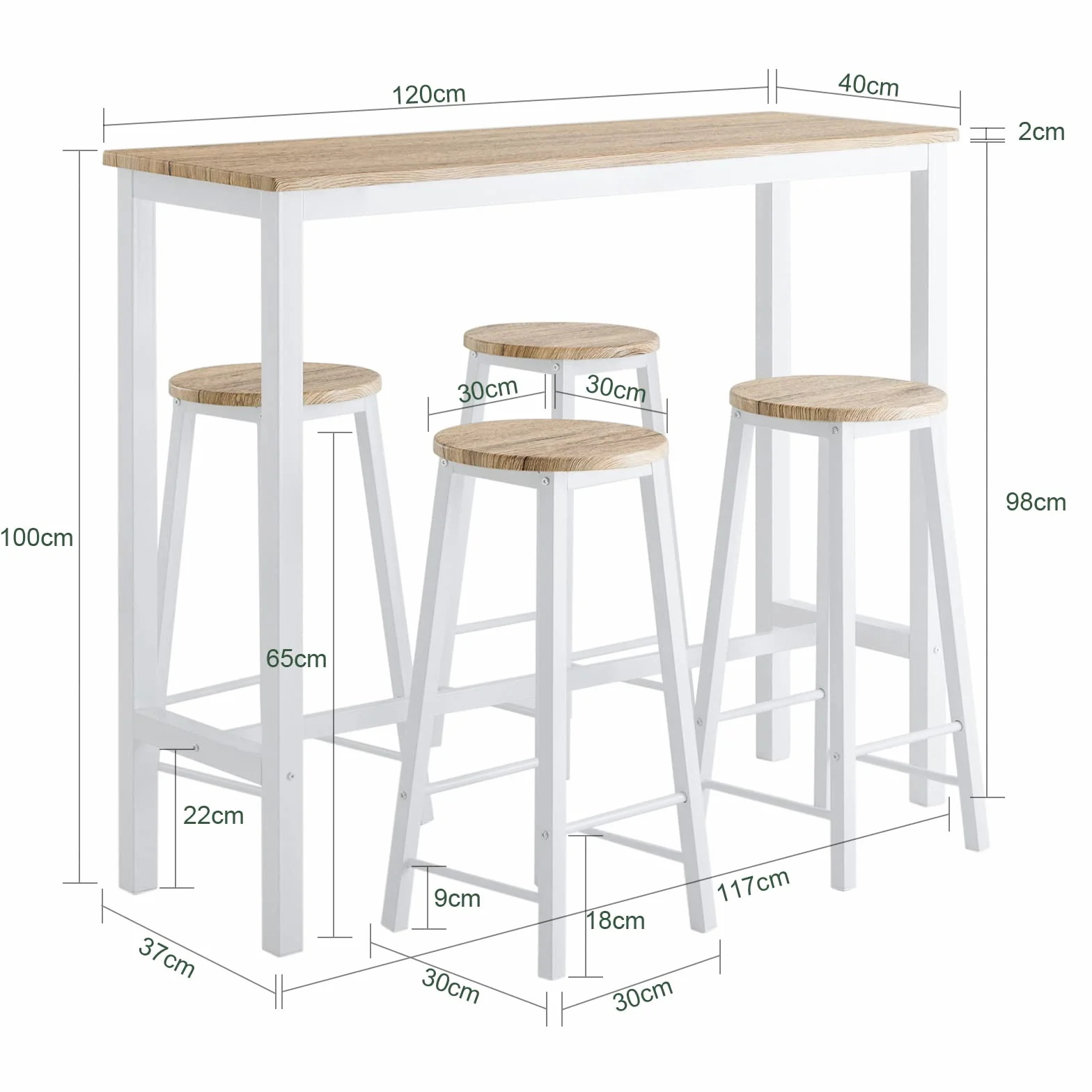 SoBuy Mesa Comedor, Juego de Mesa Alta con 4 Taburetes, Mesa y Sillas de Comedor para Espacios Reducidos, Conjunto de Bar Moderno Blanco OGT22-WN