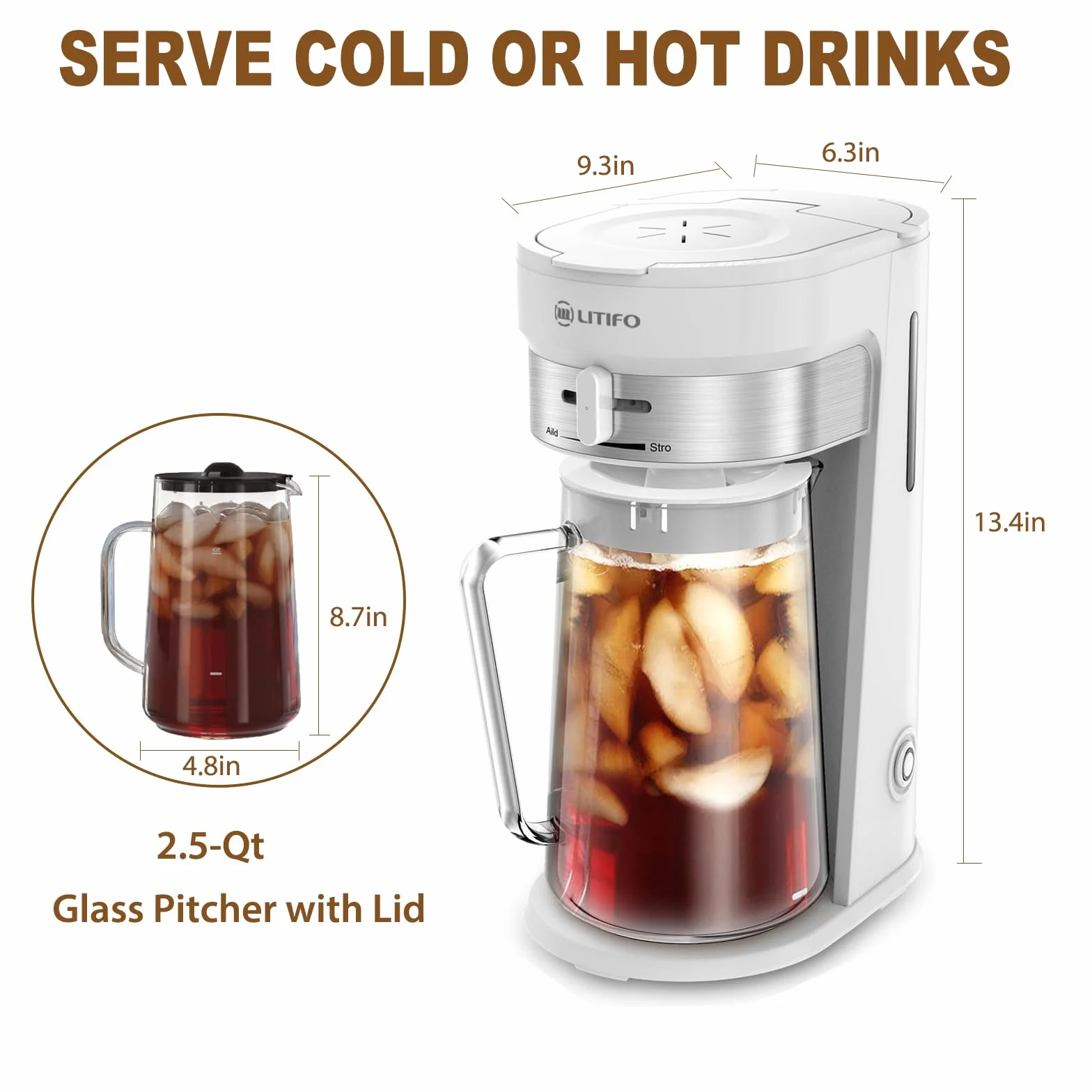 LITIFO - Máquina de té helado y cafetera helada con jarra de 2.5 cuartos de galón, selector de fuerza deslizante para personalización del sabor, acero inoxidable (blanco)