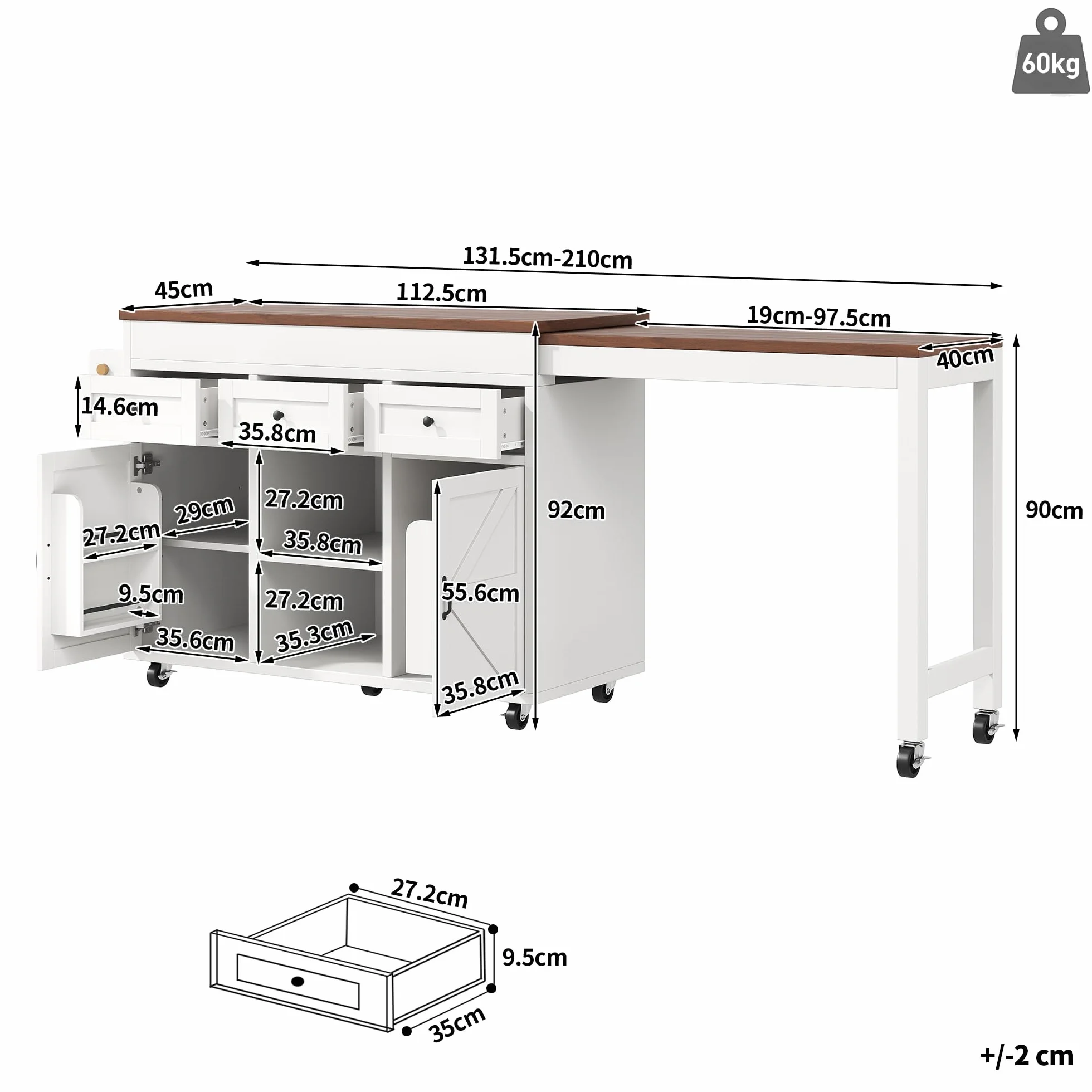Isla de cocina independiente con encimera, mesa de comedor extensible a 360°, 2 puertas y 3 cajones, carro de cocina móvil, para cocina, comedor, 131,5-210 x 40 x 90 cm
