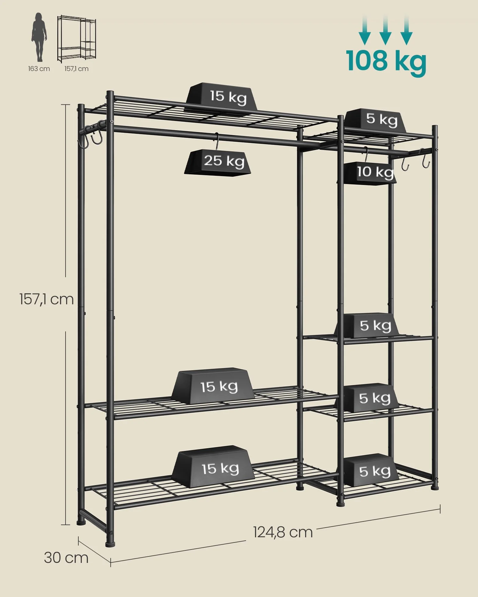 SONGMICS Armario Abierto con 7 Estantes, 2 Barras para Perchas y 4 Ganchos, Metal, Negro LGR010BZ01