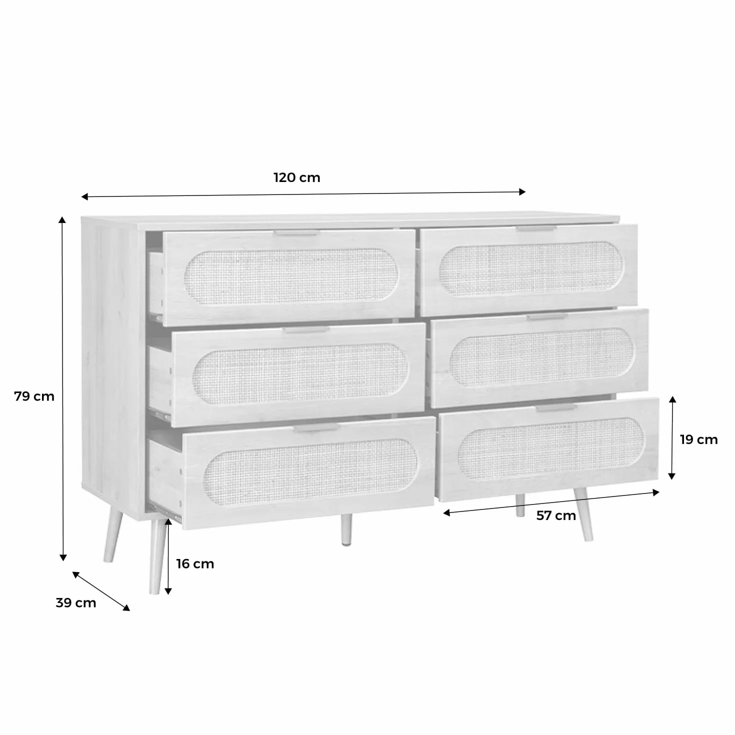 sweeek - Cómoda de Madera y caña Redondeada, 6 cajones, Eva, Natural, 120x39x79 cm