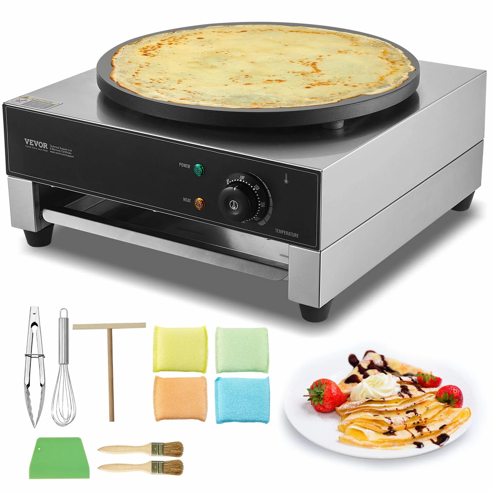 VEVOR Máquina para Crepes Comercial de Placa Plana de 3000 W, Acero Inoxidable Antiadherente, Estufa Circular de Escritorio para Panqueques y Cereales con Control de Temperatura, 435 x 455 x 225 mm