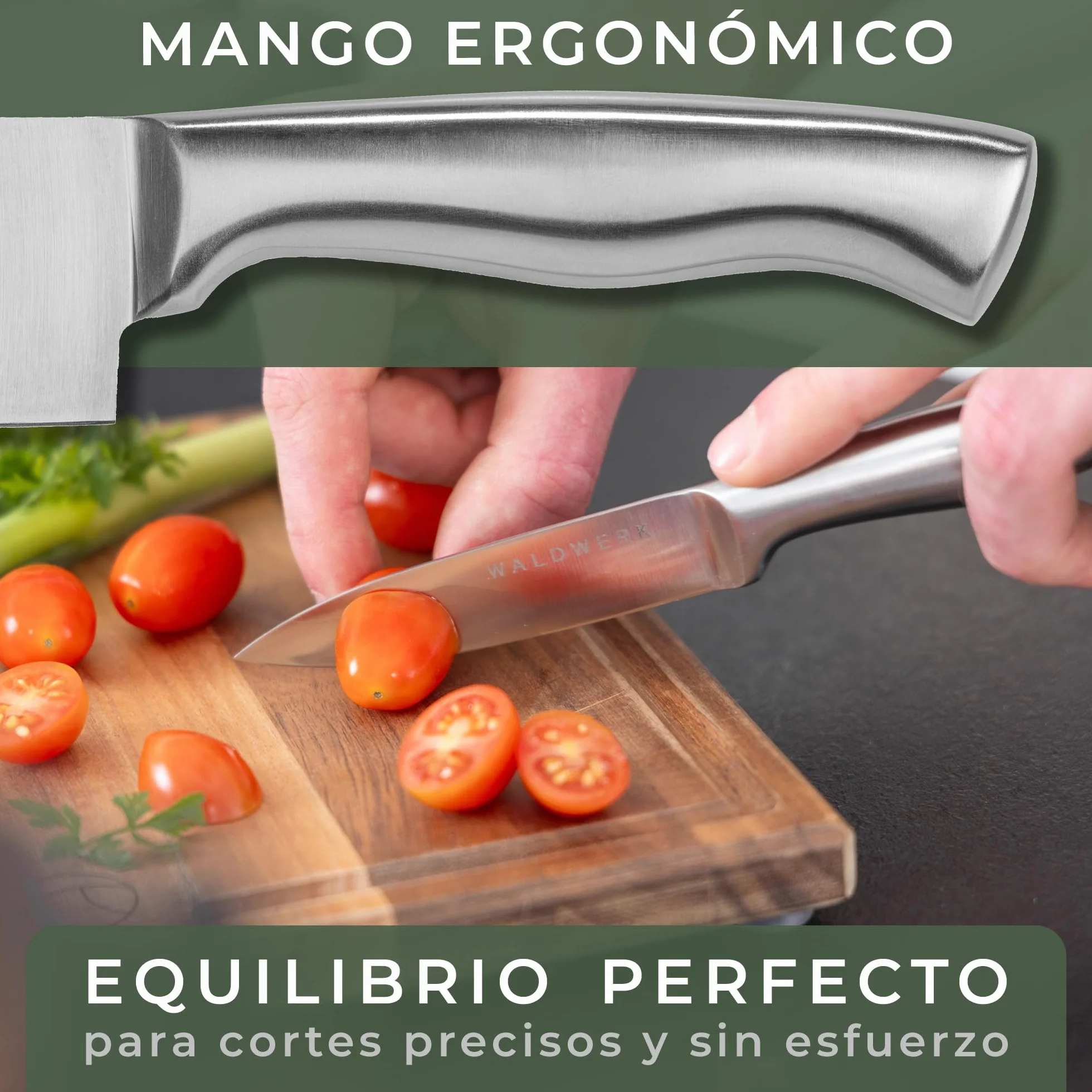 WALDWERK Juego de cuchillos de cocina de 7 piezas con bloque y afilador integrado