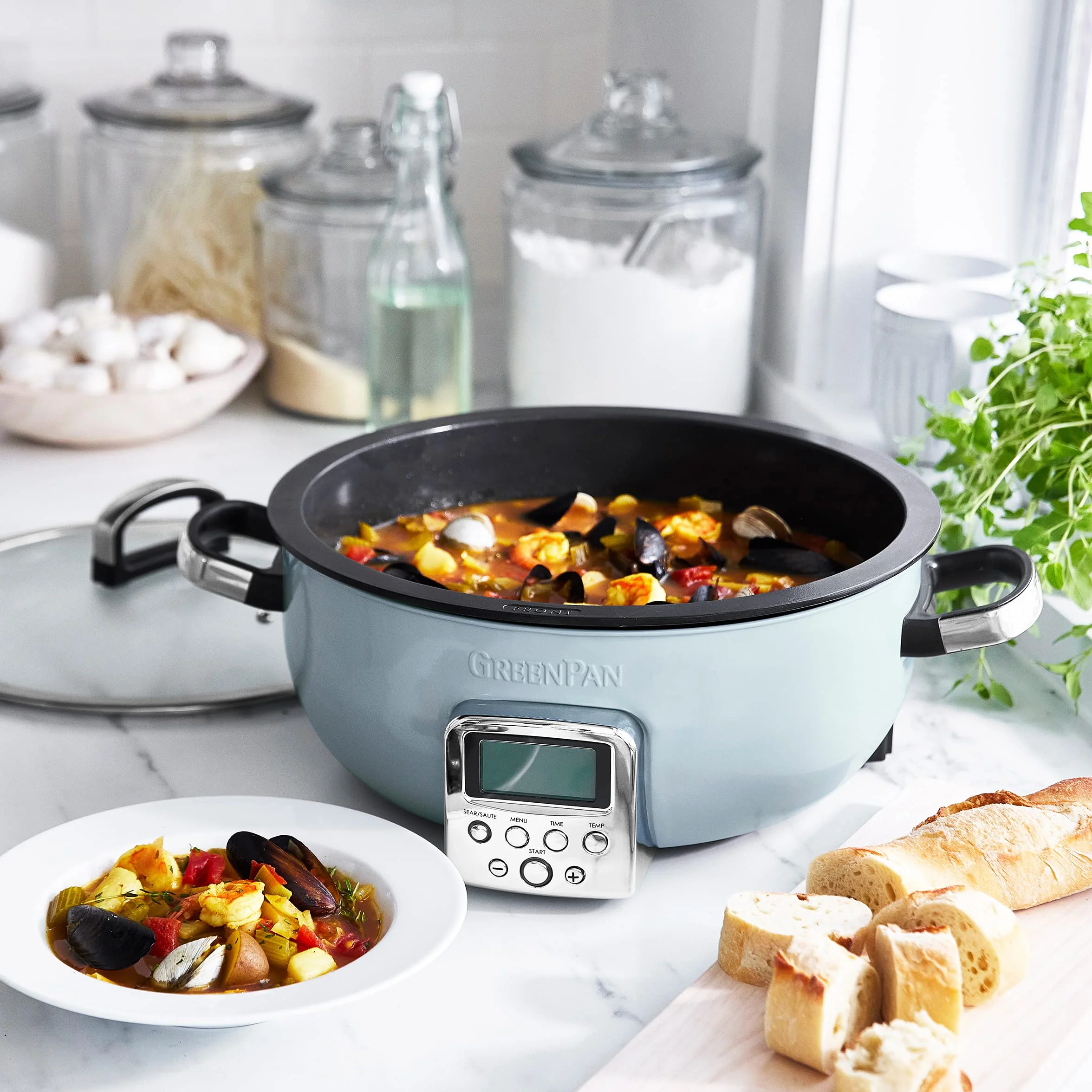 GreenPan Elite Multicooker Eléctrica 5.6L, Preajustes Saltear, Recubrimiento Cerámico Antiadherente Sin PFAS, Pantalla LED, Azul Haze