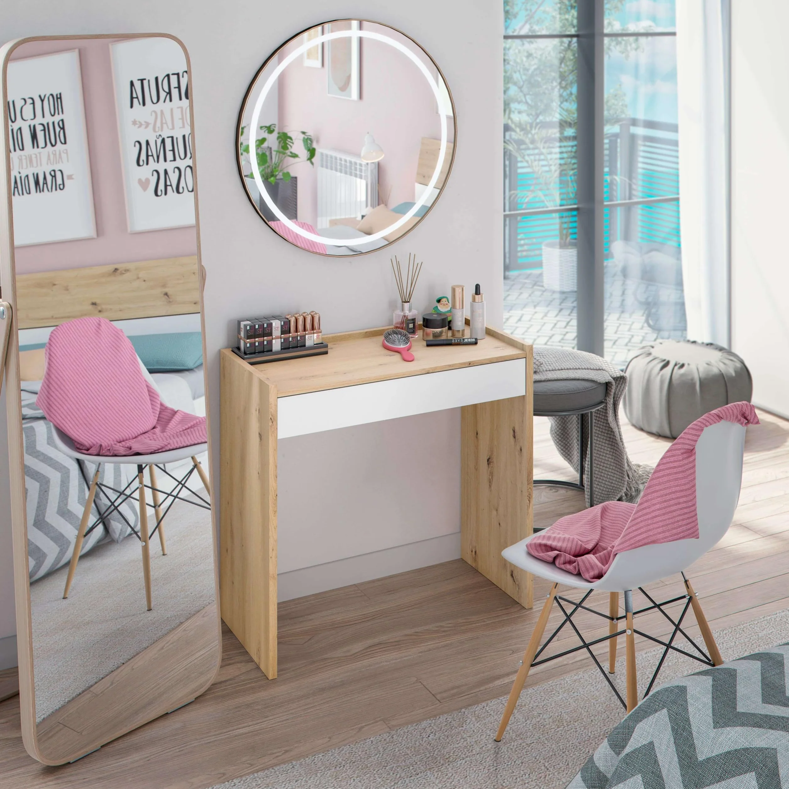 Habitdesign Mesa de Estudio Noa con Cajon 81,5x40x77cm Blanco Artik Roble Nodi