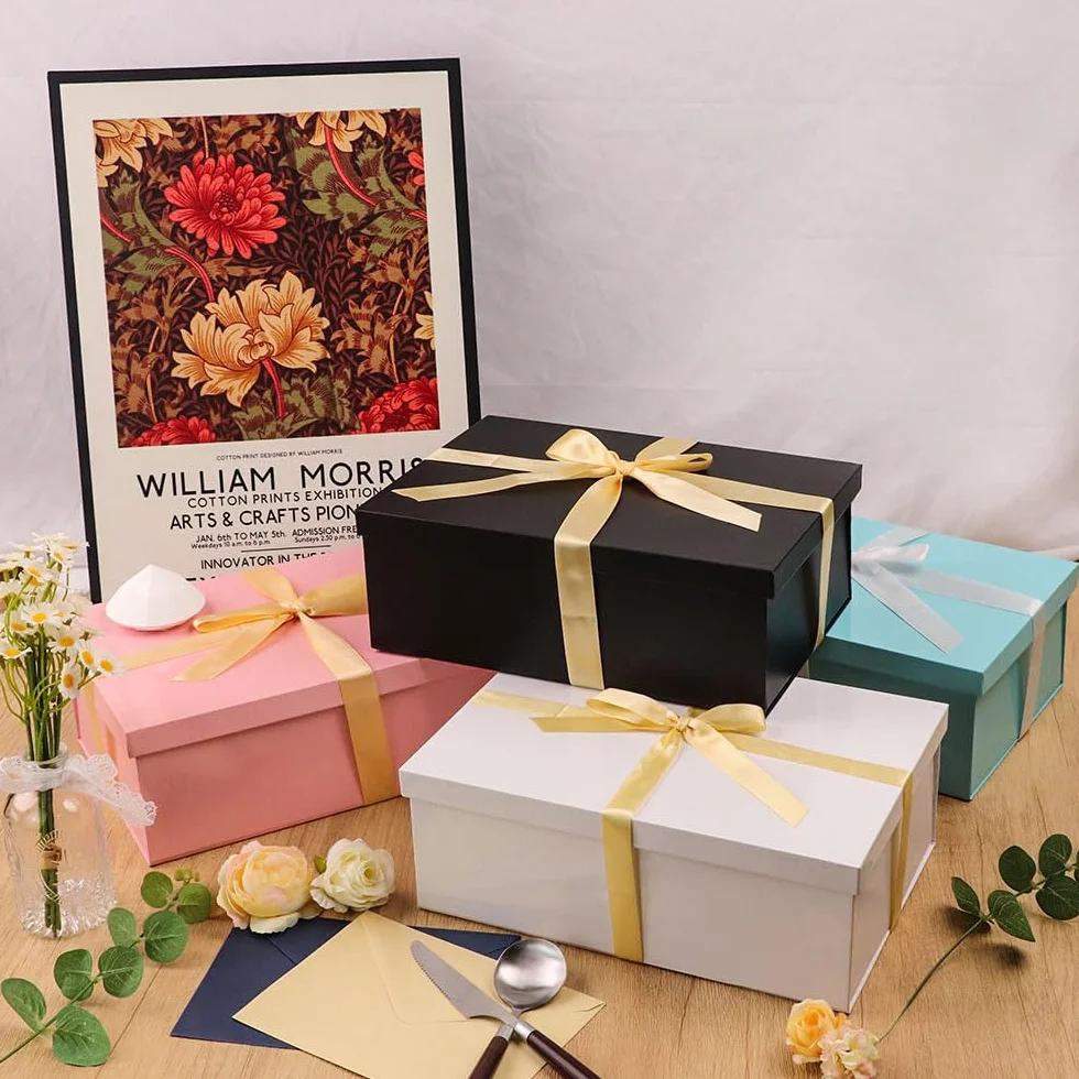 Caja de regalo Azul con tapa 31.5 x 21.5 x 11 cm, Cajas de Regalo Premium con Tapa y Cinta para Regalos de San Valentín, Navidad Incluye Papel seda triturado Tarjetas sobre