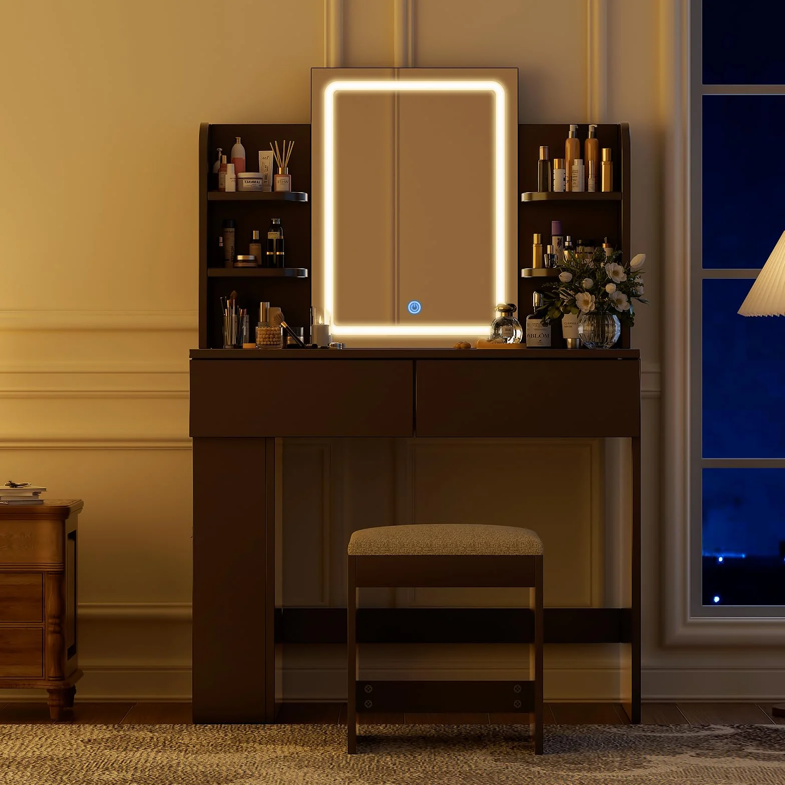 TRIUMPHKEY Tocador de Maquillaje con Espejo LED Regulable, Mesa de Maquillaje con 2 Cajones y Taburete, 90x40x135 cm, Negro