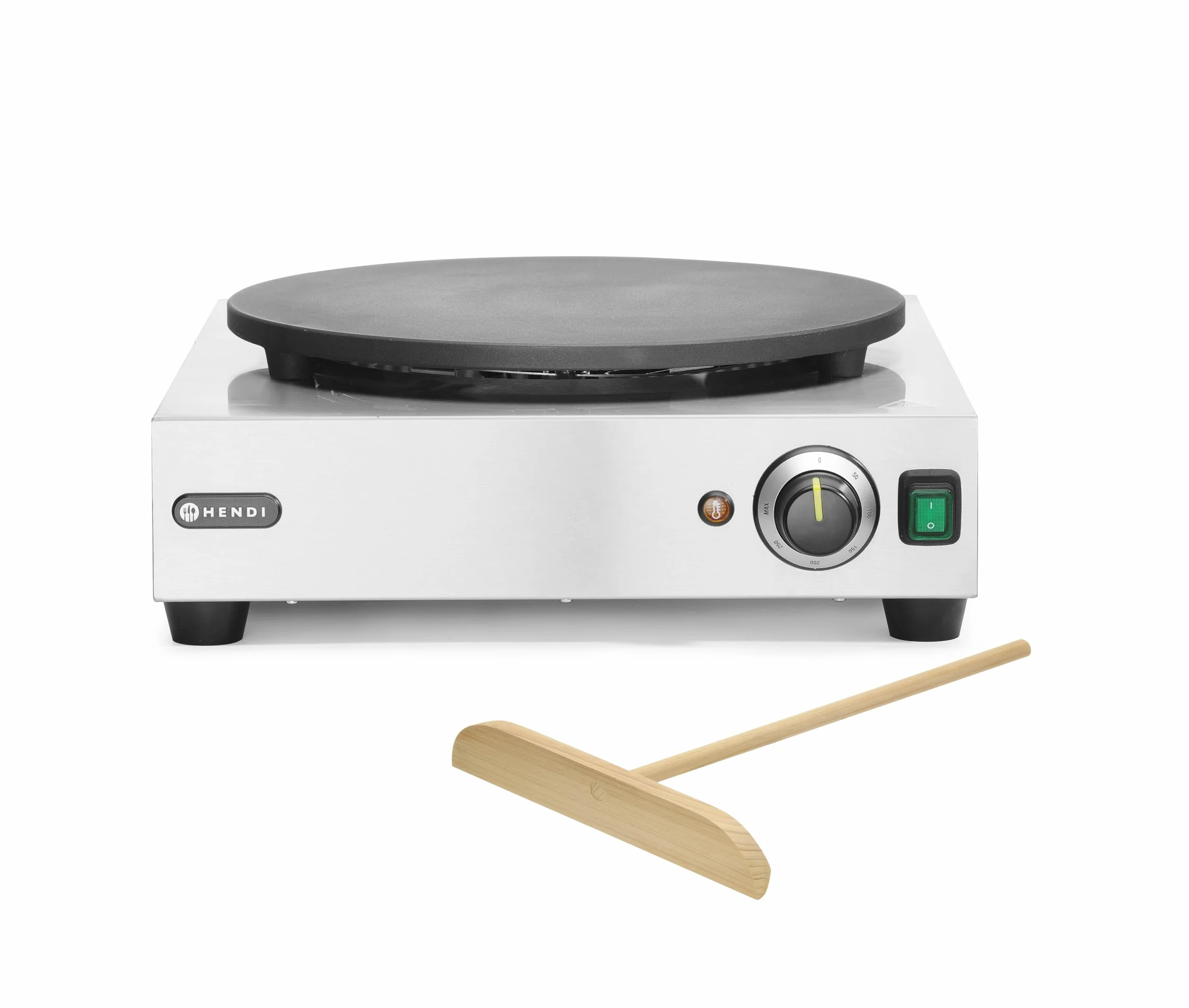 HENDI Crepera eléctrica, con esparcidor de madera,temperatura regulable 50°-250°C, placa de diámetro400mm,de hierro fundido con revestimiento cerámico, 230V, 3000W, 470x509x(H)161mm,acero inoxidable