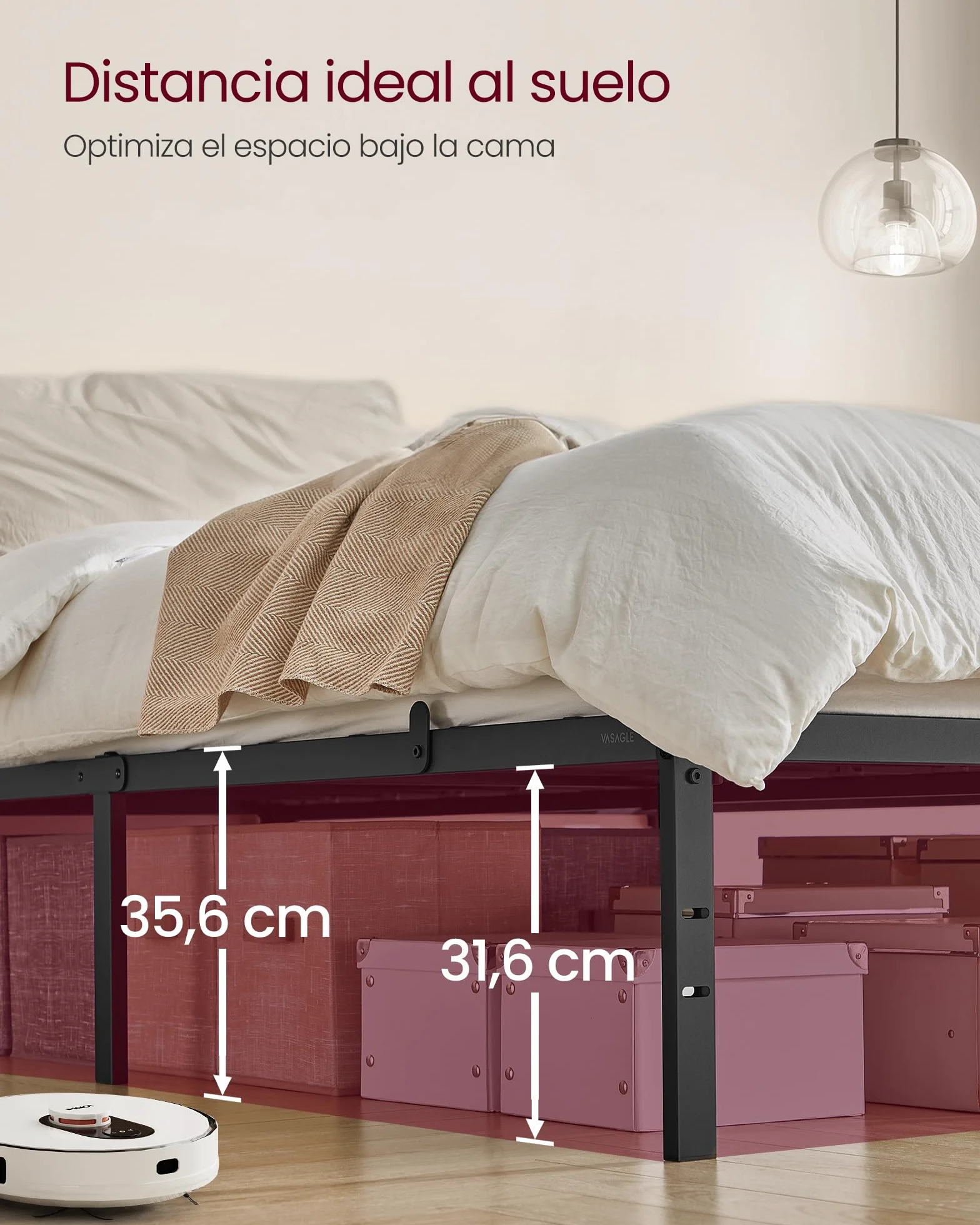 VASAGLE Marco de Cama Doble, para Colchón de 135 x 190 cm, de Metal, Organización del Espacio, Moderno, para Invitados, Fácil Montaje, Negro Tinta RMB136B01