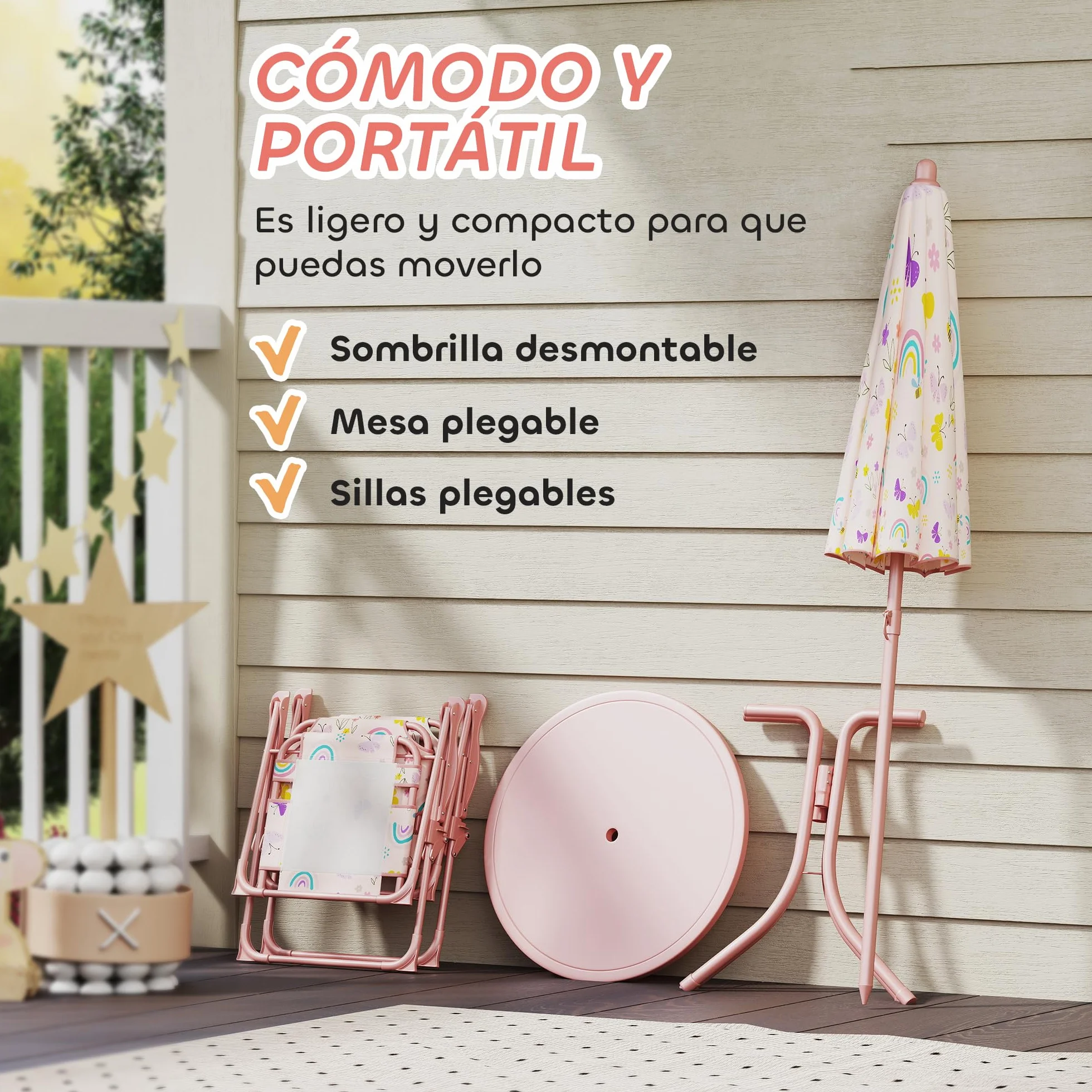 AIYAPLAY Conjunto de Mesa y Sillas Infantil de Jardín 4 Piezas con Sombrilla Ajustable