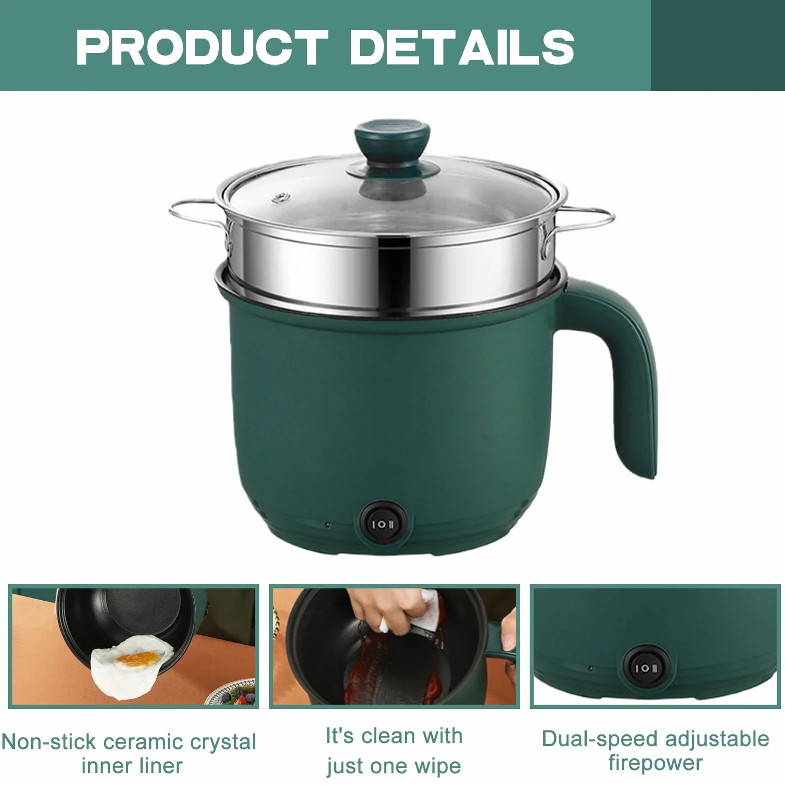 Hot Pot Eléctrico 1,5 L Portátil Antiadherente con Vapor Olla Rápida Sartén Eléctrica Doble Potencia Hervidor de Viaje