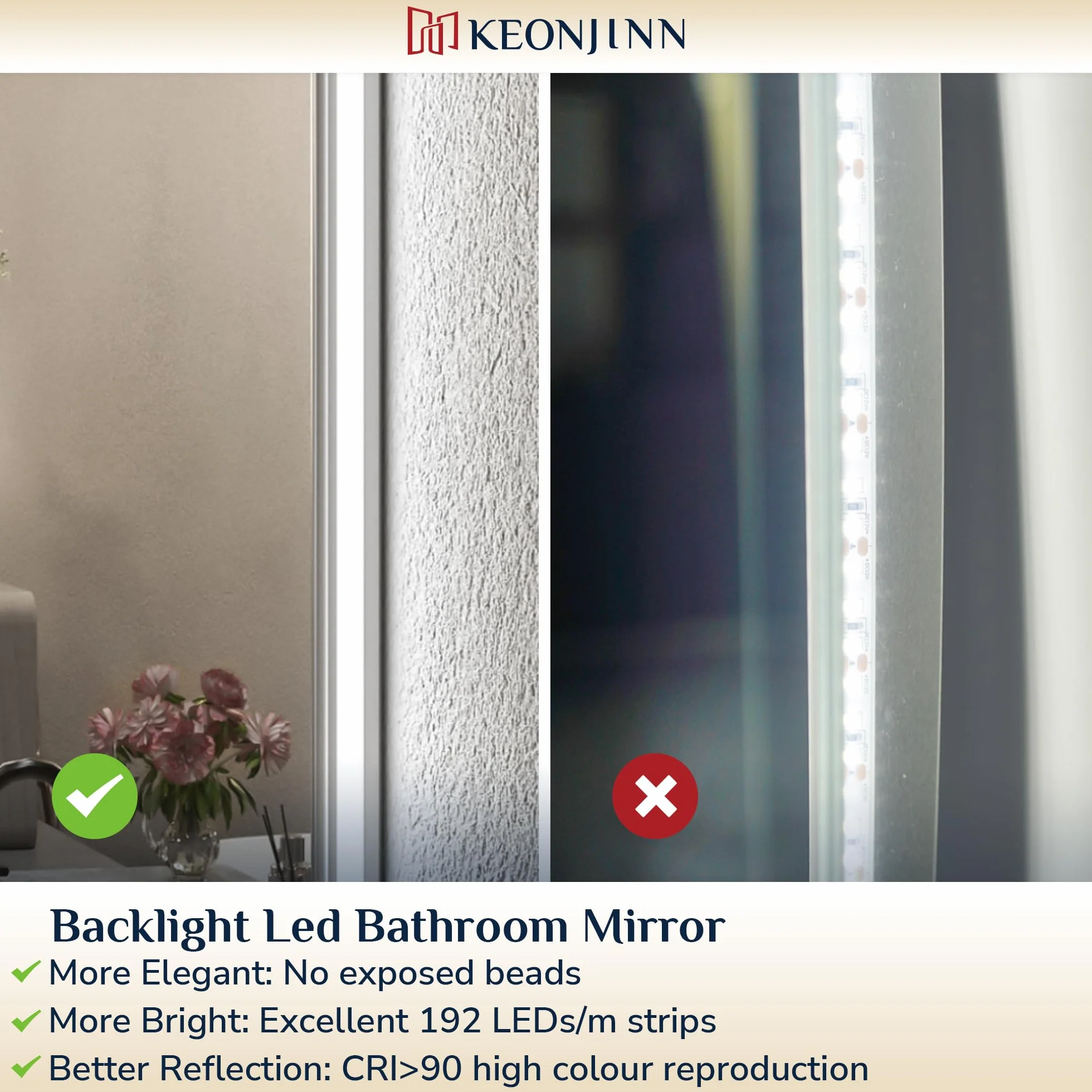 Keonjinn Espejo de baño con luces LED, 60 x 90 cm, espejo de baño rectangular iluminado con luz retroiluminada, espejos de tocador antivaho montados en la pared, 3 colores regulables, función de