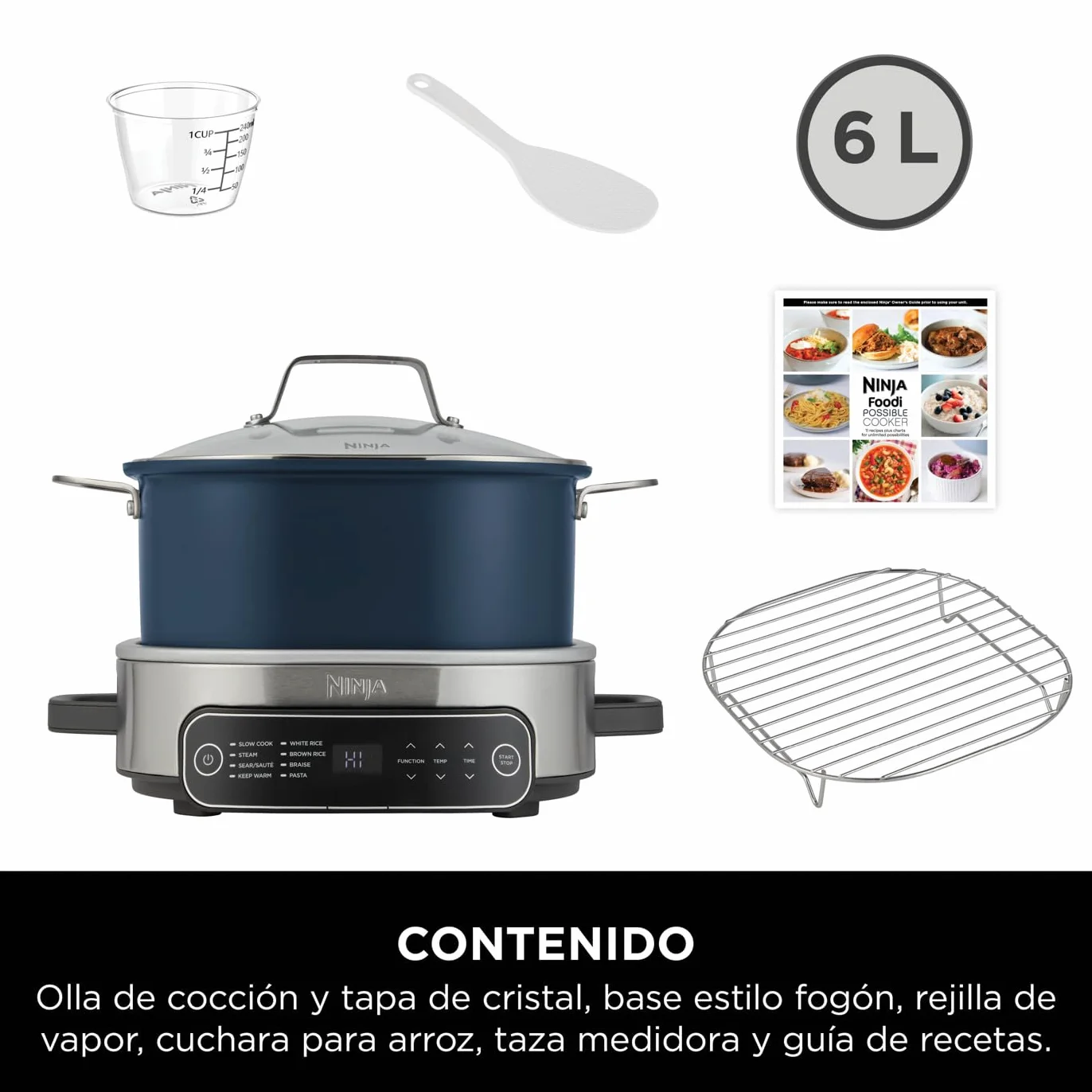 Ninja Foodi PossibleCooker Olla de cocción lenta y arrocera, 6 l, 8 funciones de cocción en 1, azul medianoche, MC1101EU