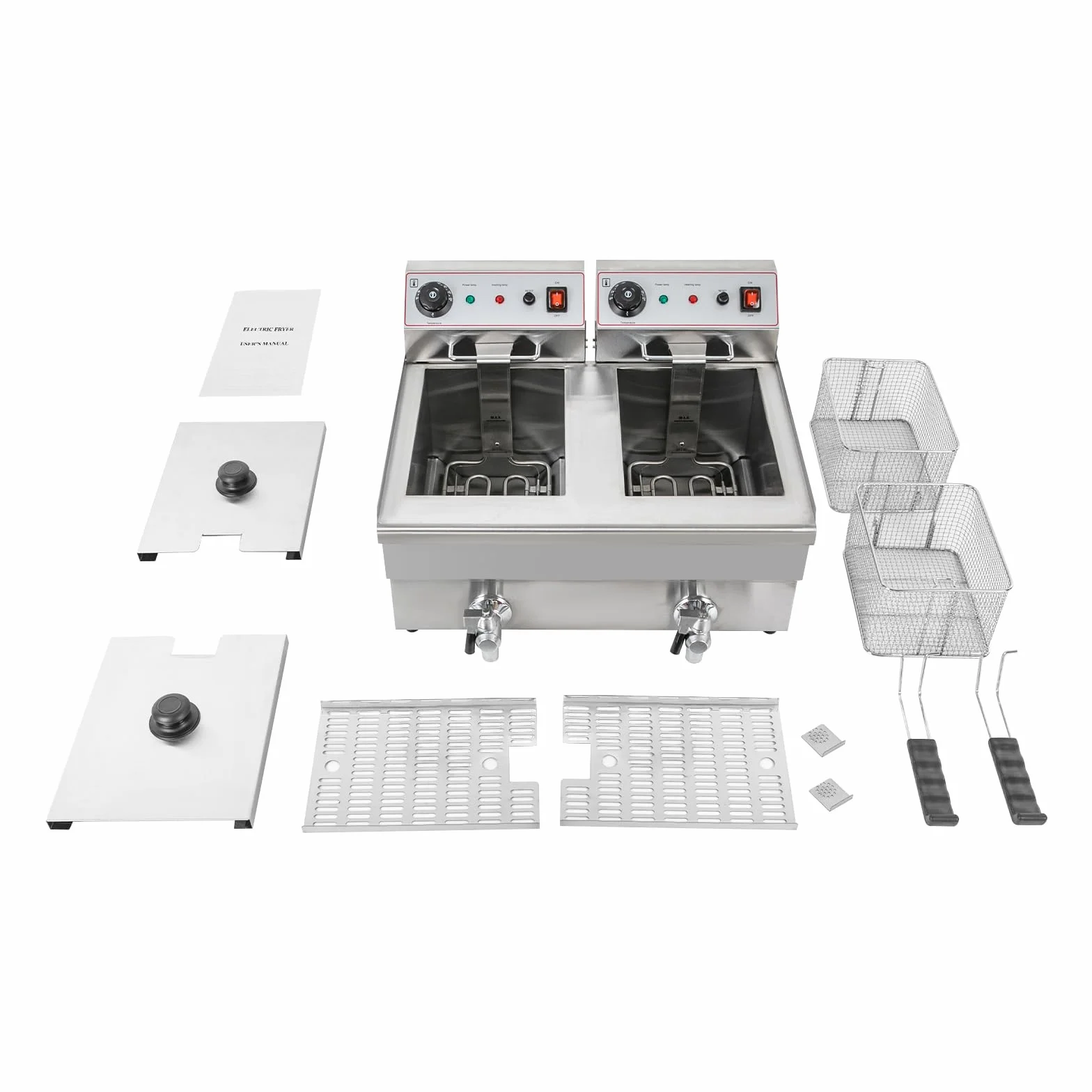 Sartén eléctrica comercial, plateada, freidora de aceite eléctrica, con 2 cestas, temperatura ajustable 60-200 °C, para restaurantes, aperitivos, fiestas 57