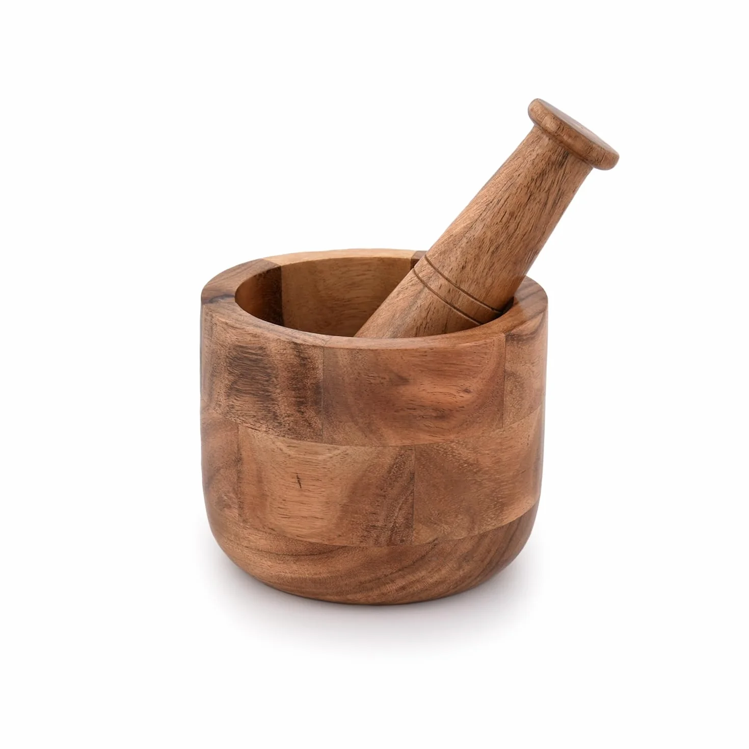 Samhita Mortero de madera de acacia hecho a mano, perfecto para moler hierbas, ajo, especias de nuez y uso esencial de cocina