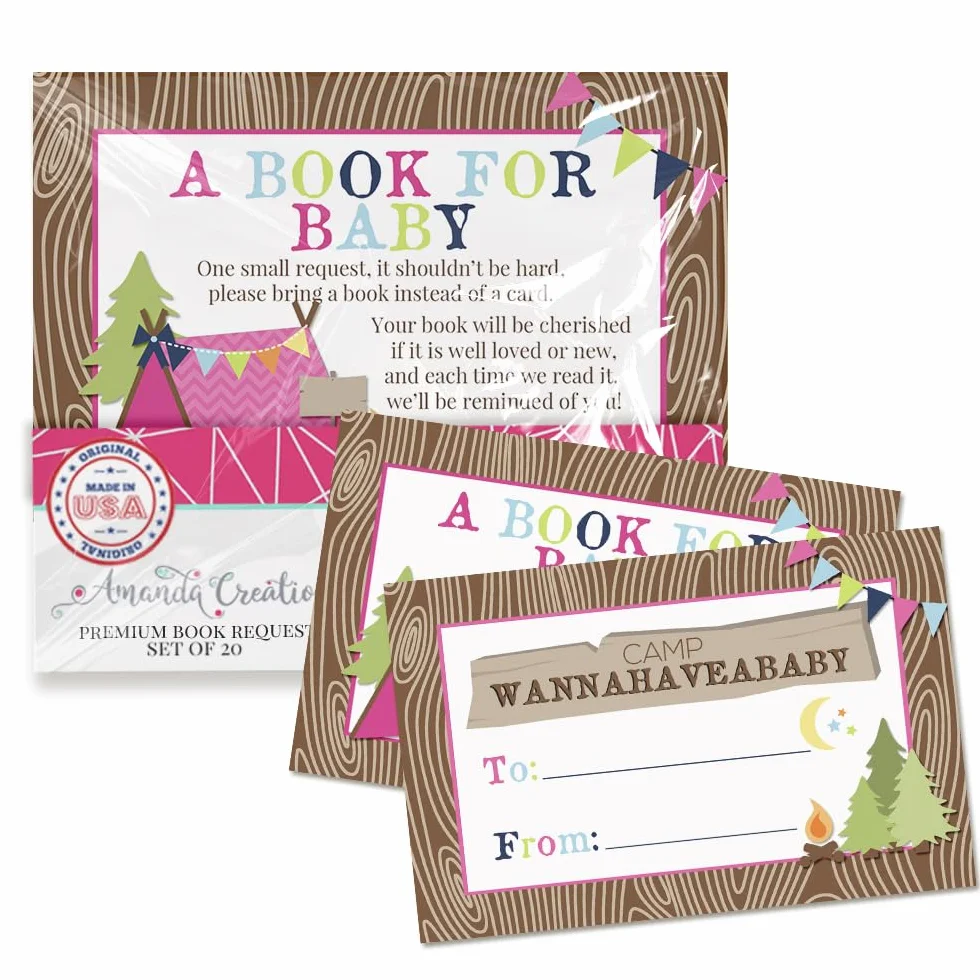 Amanda Creation Tarjetas de solicitud de libro para niña de camping con texto en inglés "Bring a Book Insert Request for Baby Shower", 20 etiquetas de regalo de doble cara de 2.5 x 4 pulgadas,