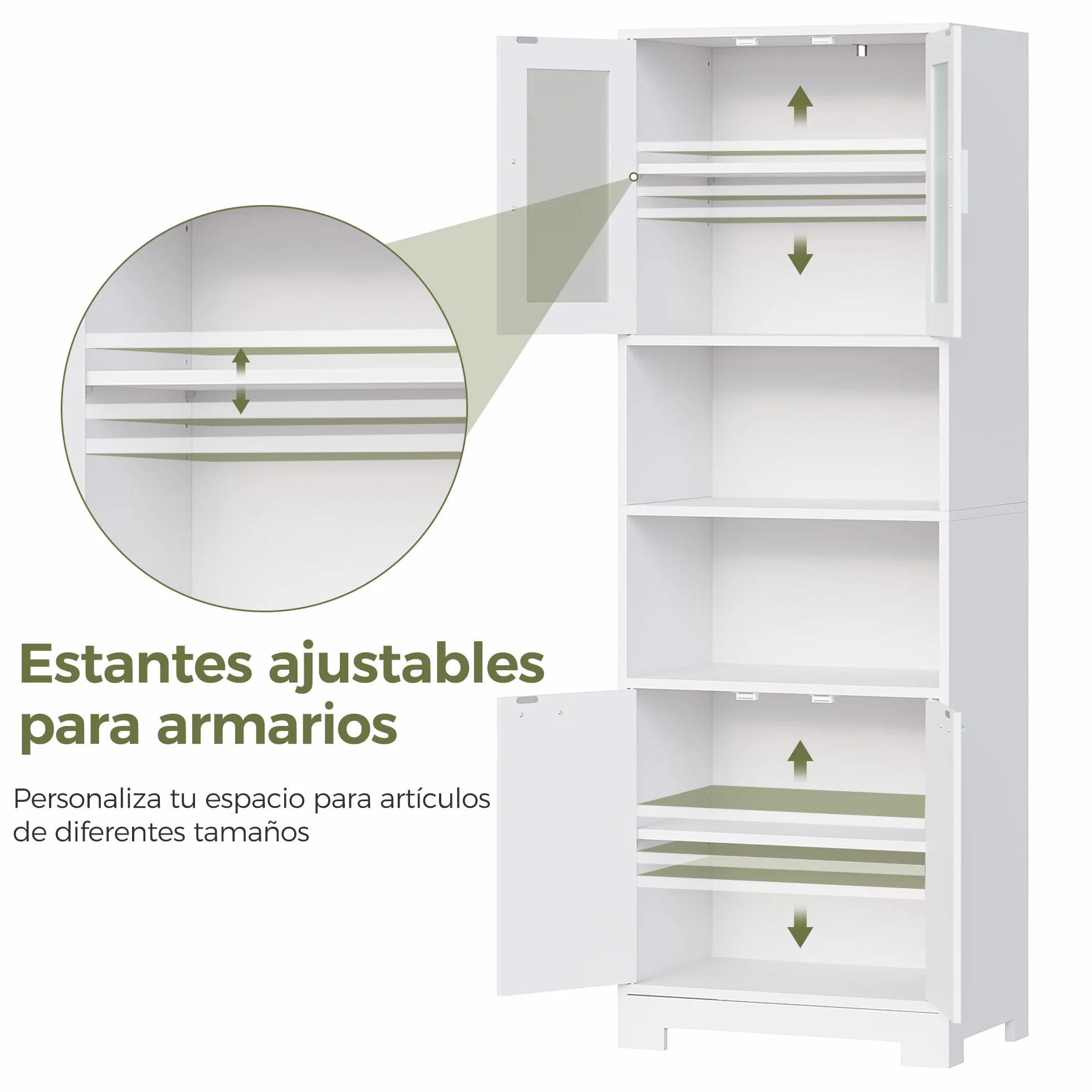 BEWISHOME Armario Alto de Baño 40x60x180 cm Blanco con 2 Estantes Ajustables