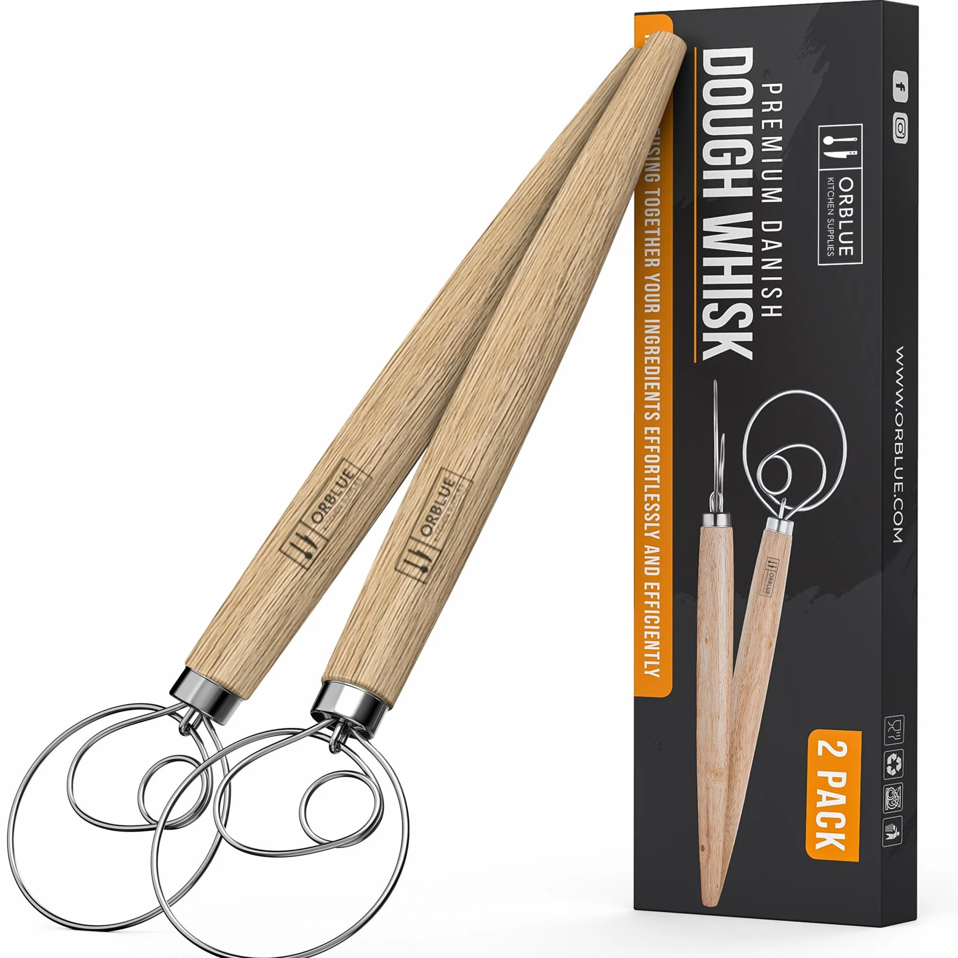 ORBLUE Batidor Danés Set 2 Piezas Mezclador Masa Manual Gancho