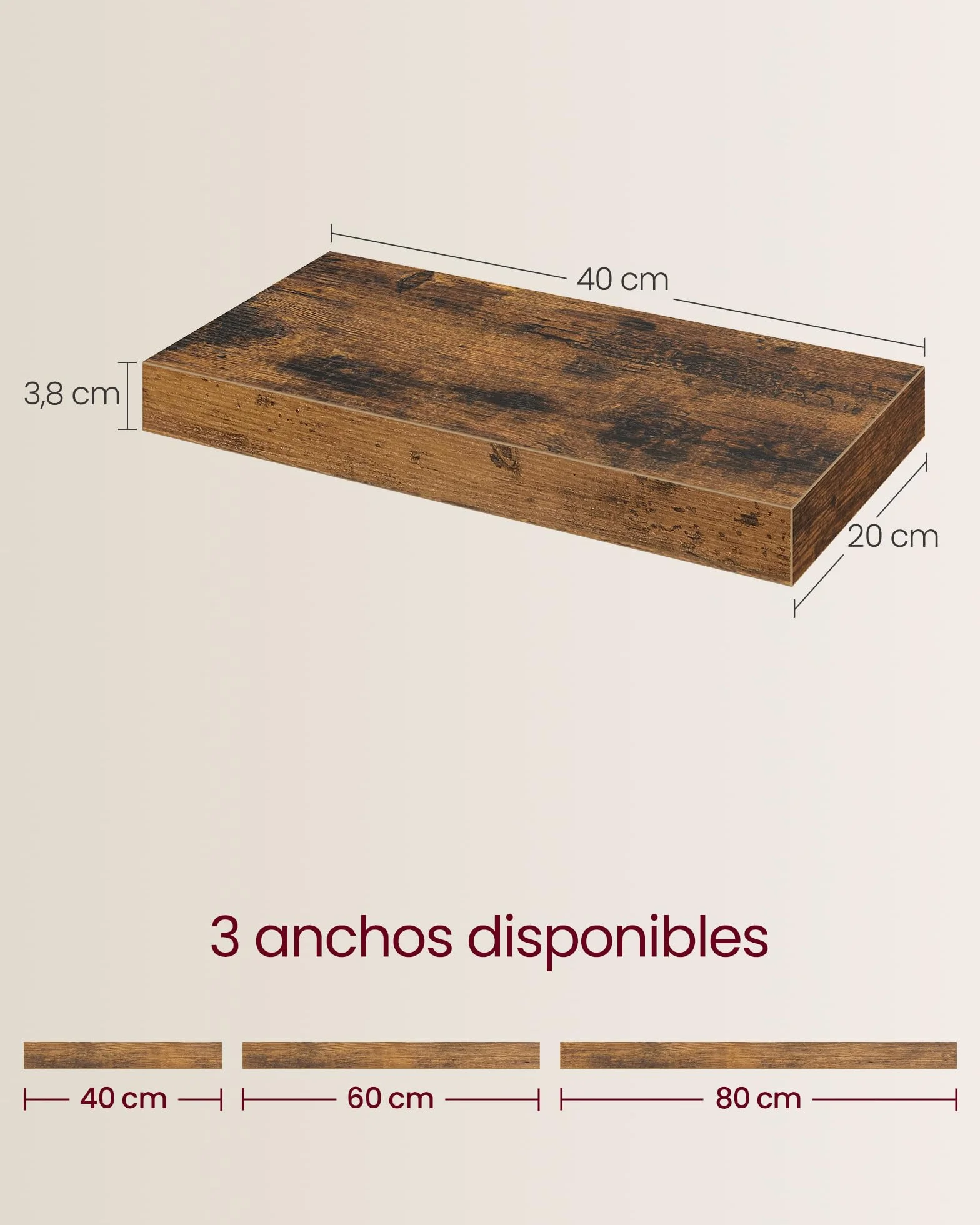 VASAGLE Estante de Pared Flotante 20 x 40 x 3,8 cm Marrón Rústico LWS24BX