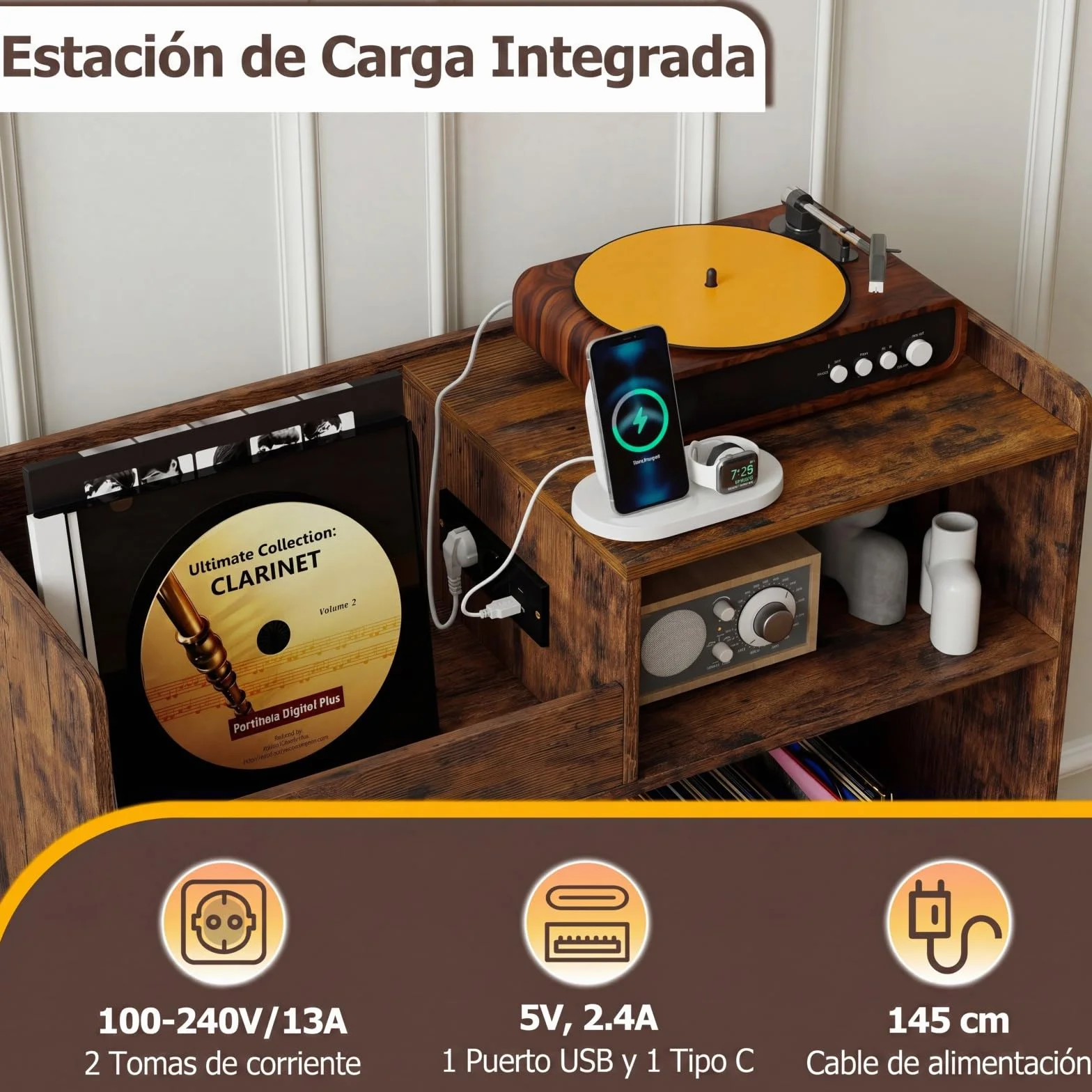 COSTWAY Mueble para Tocadiscos con Almacenamiento de Vinilos, Soporte Industrial, 80 x 35,5 x 85,5 cm