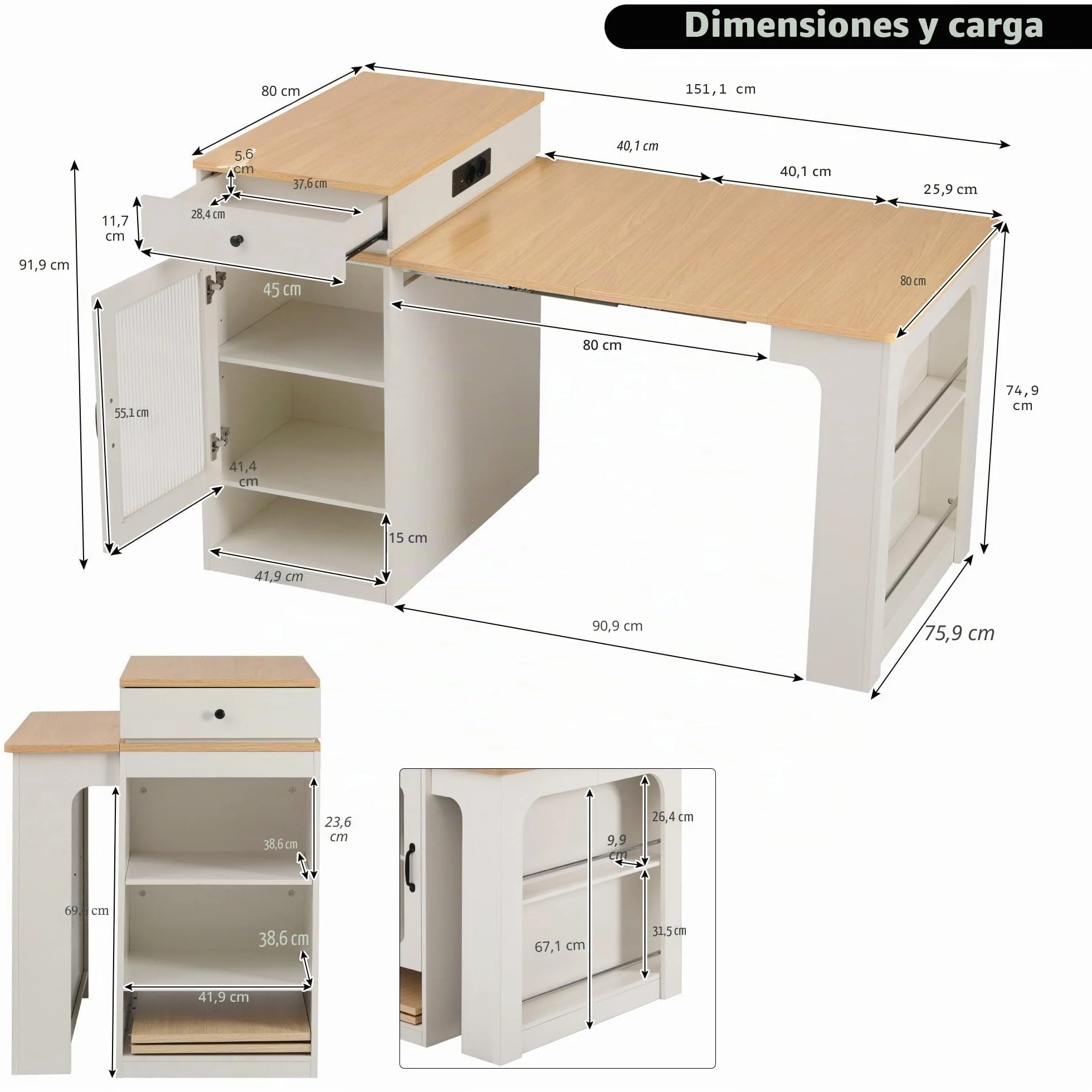 Bladez Isla de cocina con ruedas, mesa de comedor extensible con tapa extraíble, mesa de bar con regletas y espacio de almacenamiento, aparador con puertas de cristal para cocina y comedor (blanco-A)