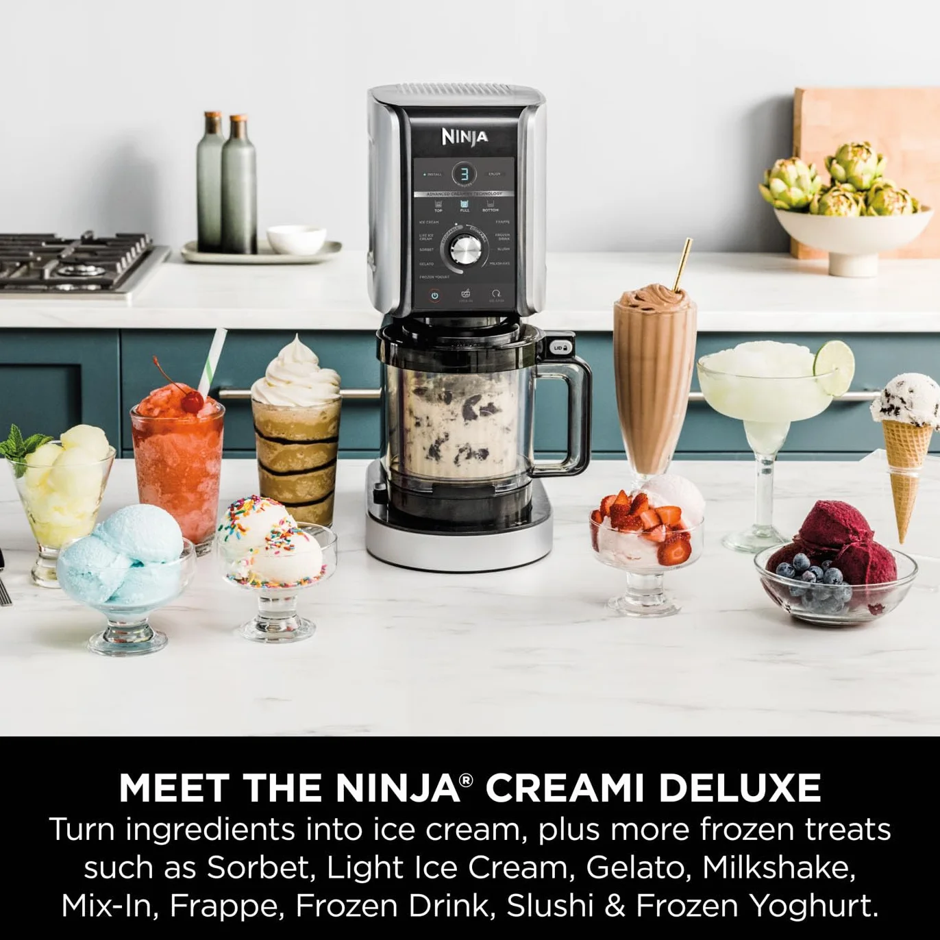 Ninja CREAMi Deluxe - Máquina para hacer helados y postres congelados con 3 recipientes, 10 funciones, hace helado, gelato, sorbete, yogur congelado, batidos, granizados y más, opción de sabor 2 en 1