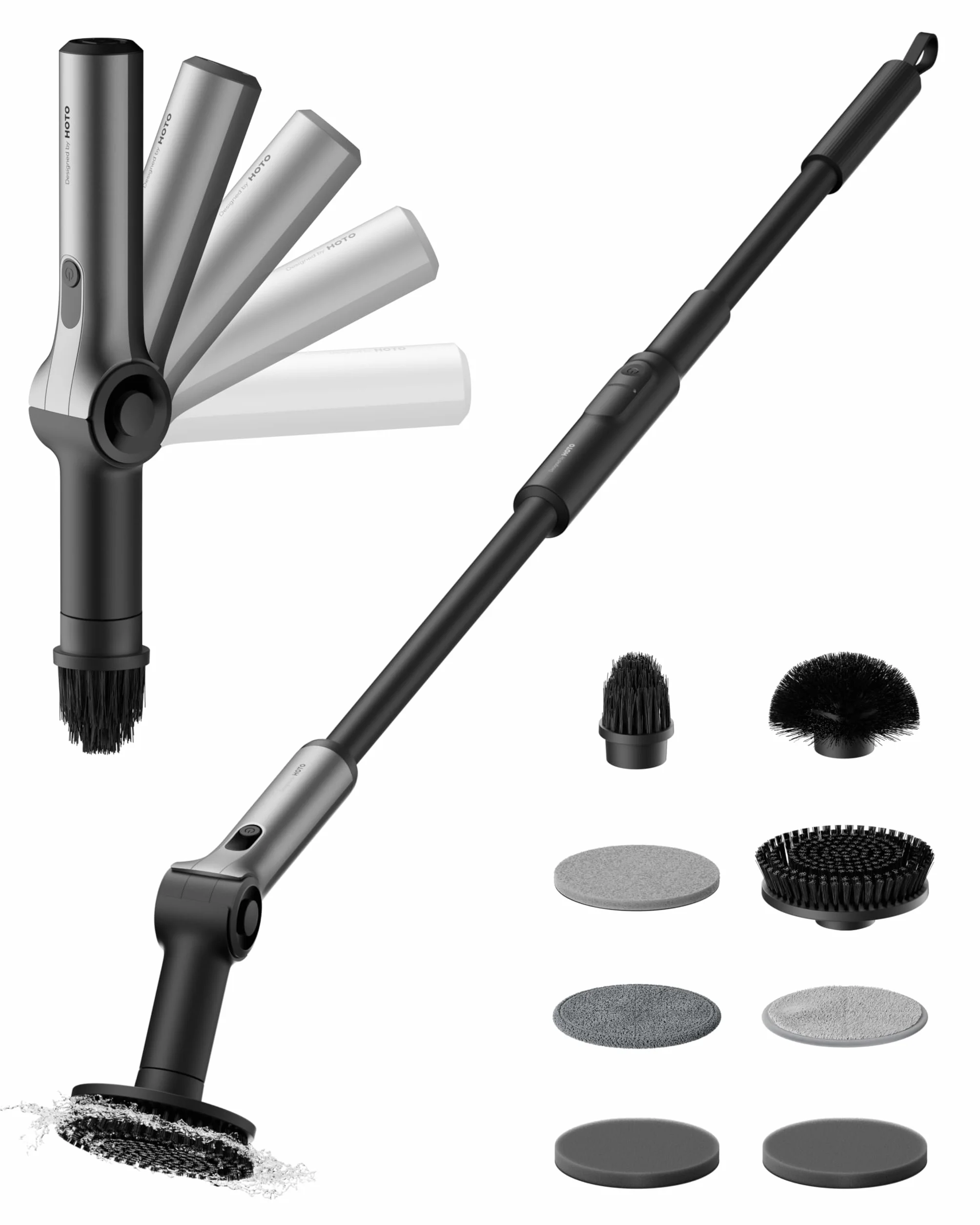 HOTO Cepillo Eléctrico Limpieza Hogar - Mango Extensible con Ángulo Ajustable, IPX7, Incluye 8 Cabezales Reemplazables para Limpieza Profunda de Baños, Azulejos y Superficies