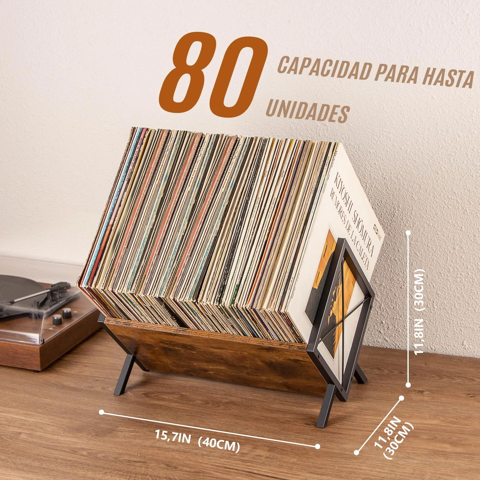 PUERSI Soporte Vinilos 80 LP Expositor Discos Vinilo 1 Nivel Almacenamiento con Divisor Ajustable Organizador Álbumes Revistas Libros Archivos Marrón