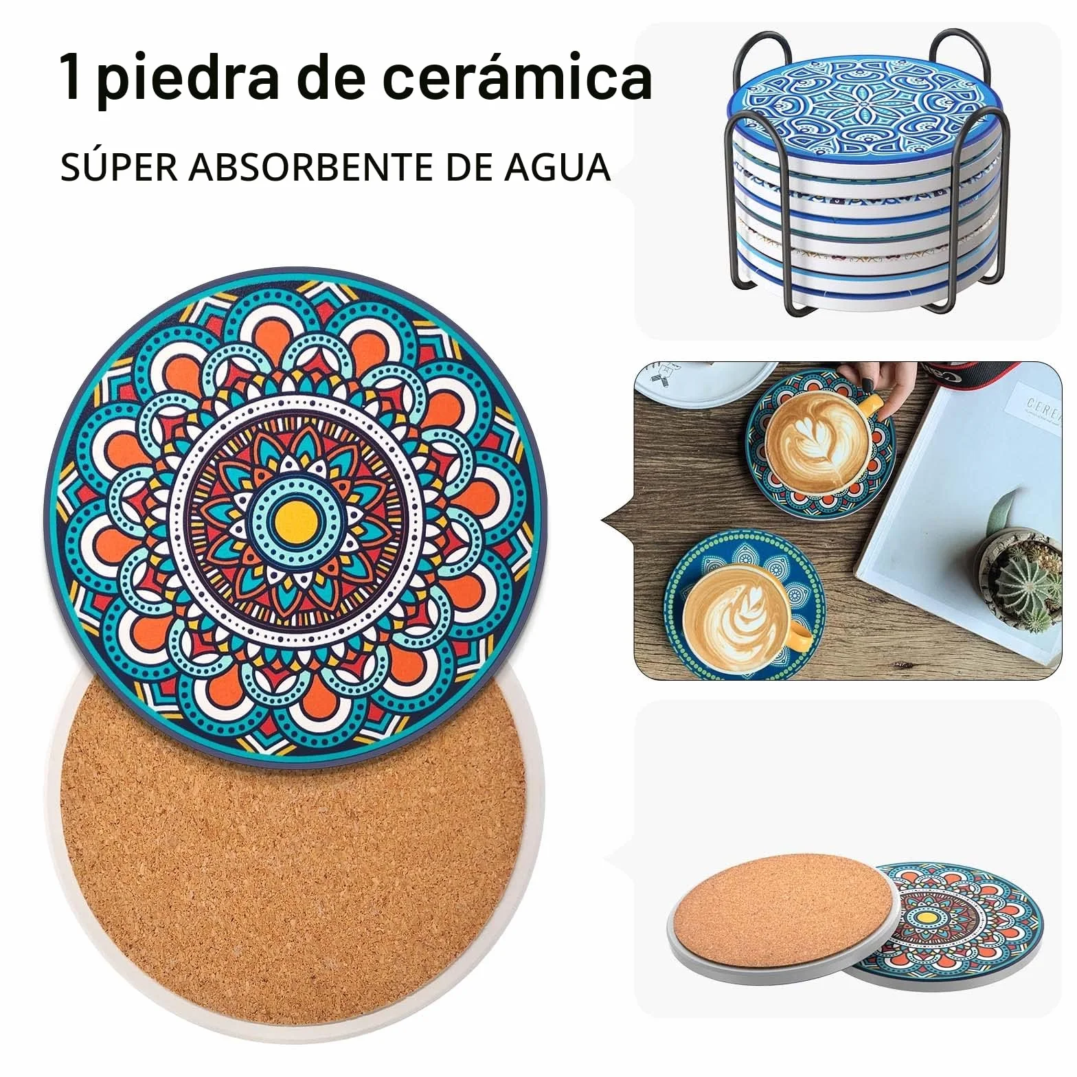 Posavasos de Corcho Cerámica Juego de 8 con Soporte Metal 4 Pulgadas Diseño Mandala para Tazas Regalo