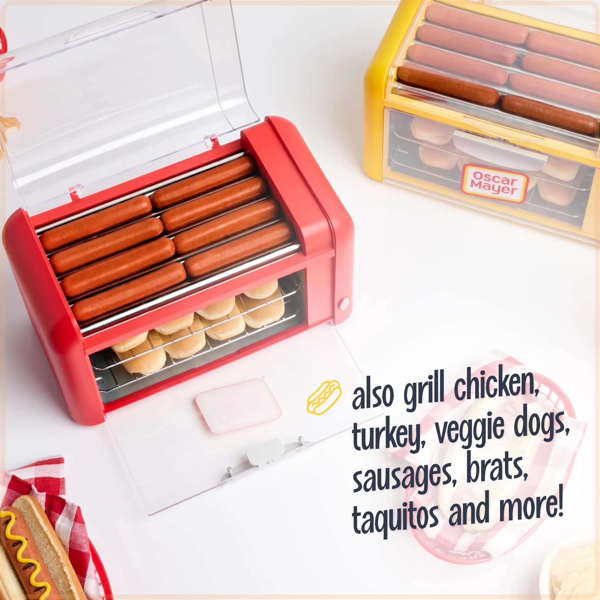 Oscar Mayer Calentador de rodillo y bollos para perros calientes, acero inoxidable, antiadherente