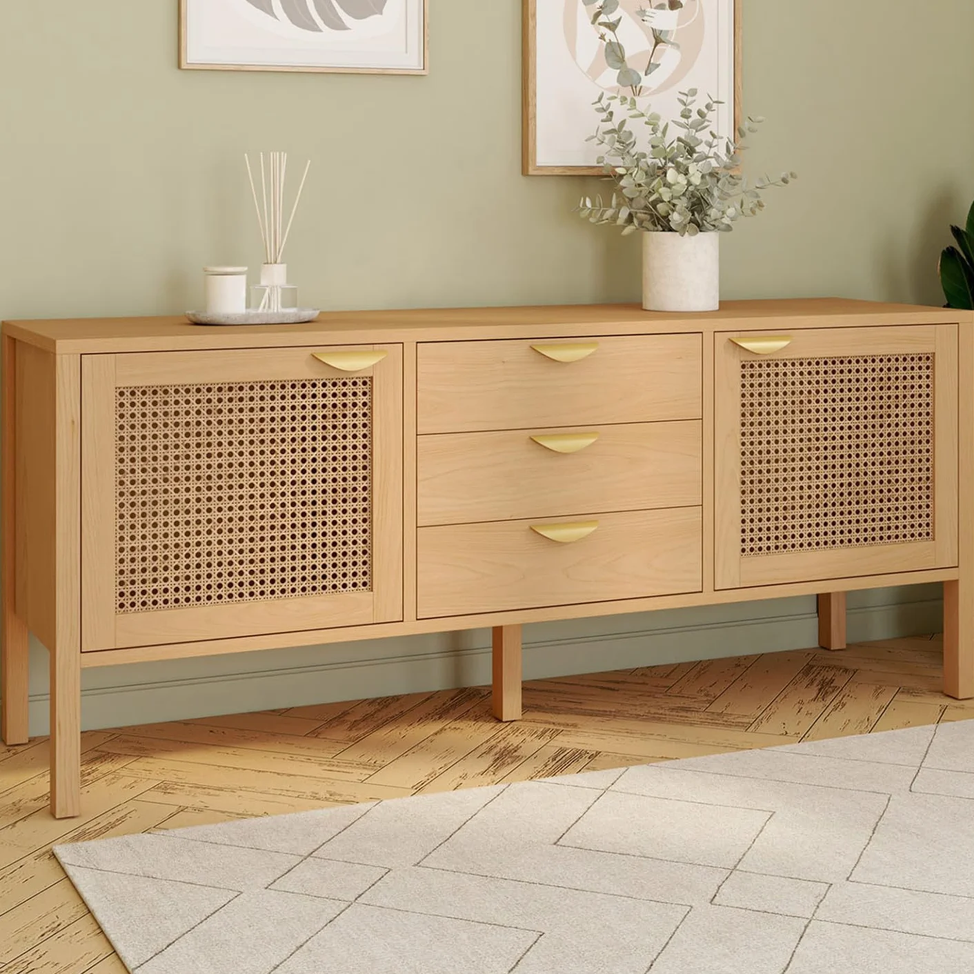 IDMarket EDHEN - Aparador bajo (140 cm, 2 puertas y 3 cajones, madera y cannado), Estanteria Almacenaje, Mueble