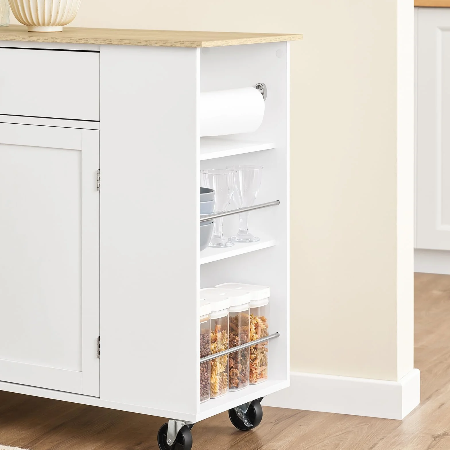 SoBuy Mueble Auxiliar de Cocina con Ruedas y Encimera – Carrito Auxiliar con Cajón y Estante Ajustable – Isla de Cocina con Ruedas, Mueble Cocina Auxiliar Blanco 99x40x85 cm FKW133-WN