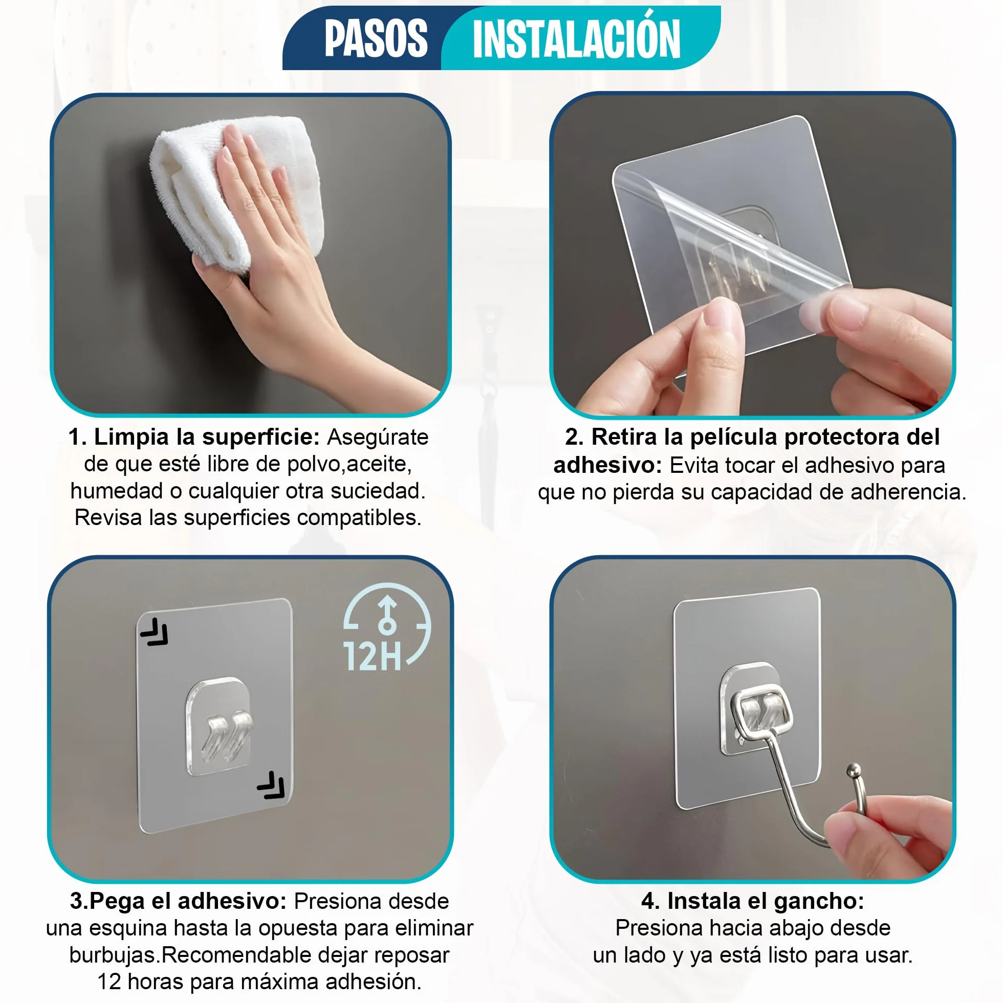 12 Ganchos Adhesivos para Pared de Acero inoxidable - Soporta Hasta 20kg - TAMAÑO GRANDE 7x7cm -