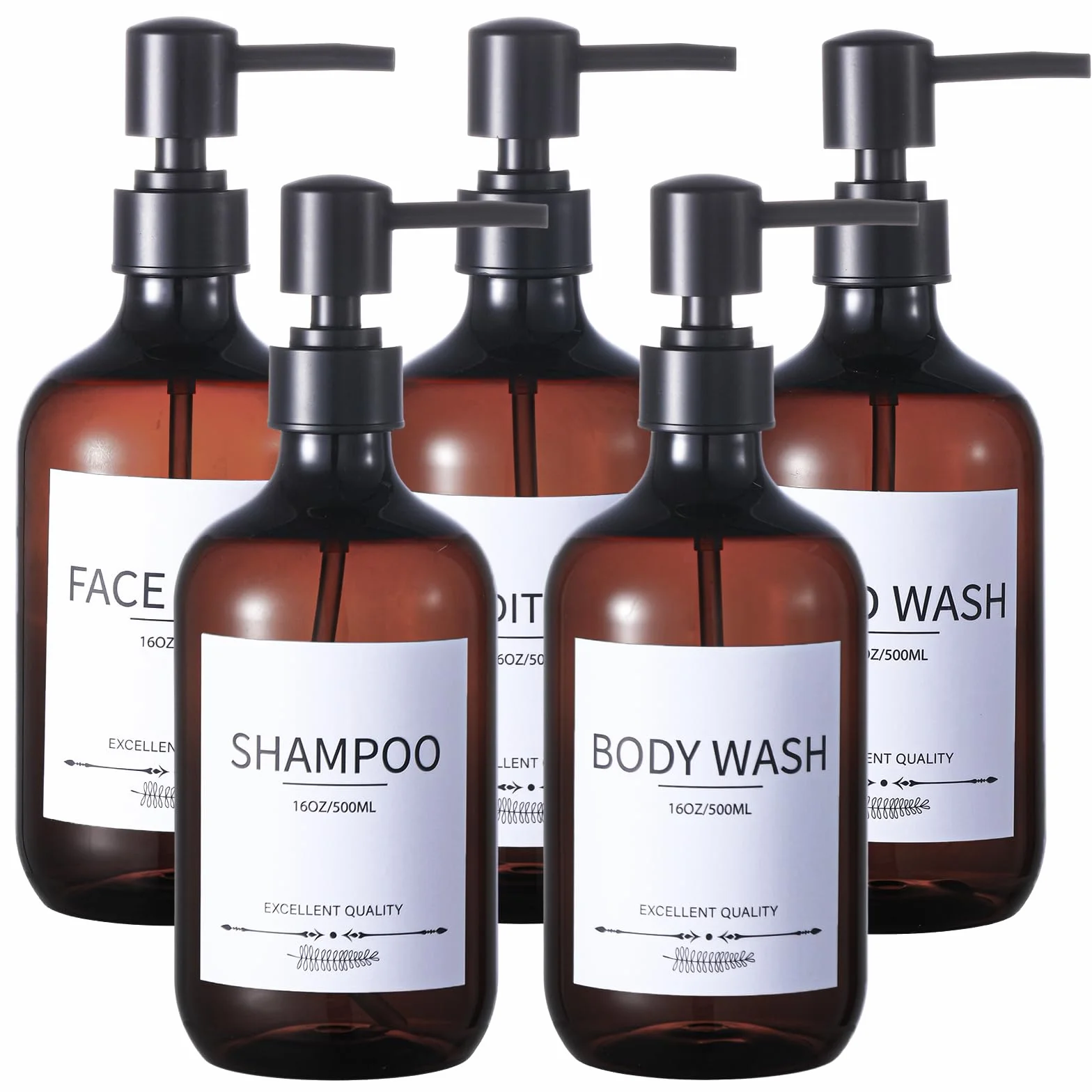 Botellas de champú y acondicionador (paquete de 5), dispensador de champú para ducha, botellas recargables con bomba, juegos de dispensador de baño (ámbar)